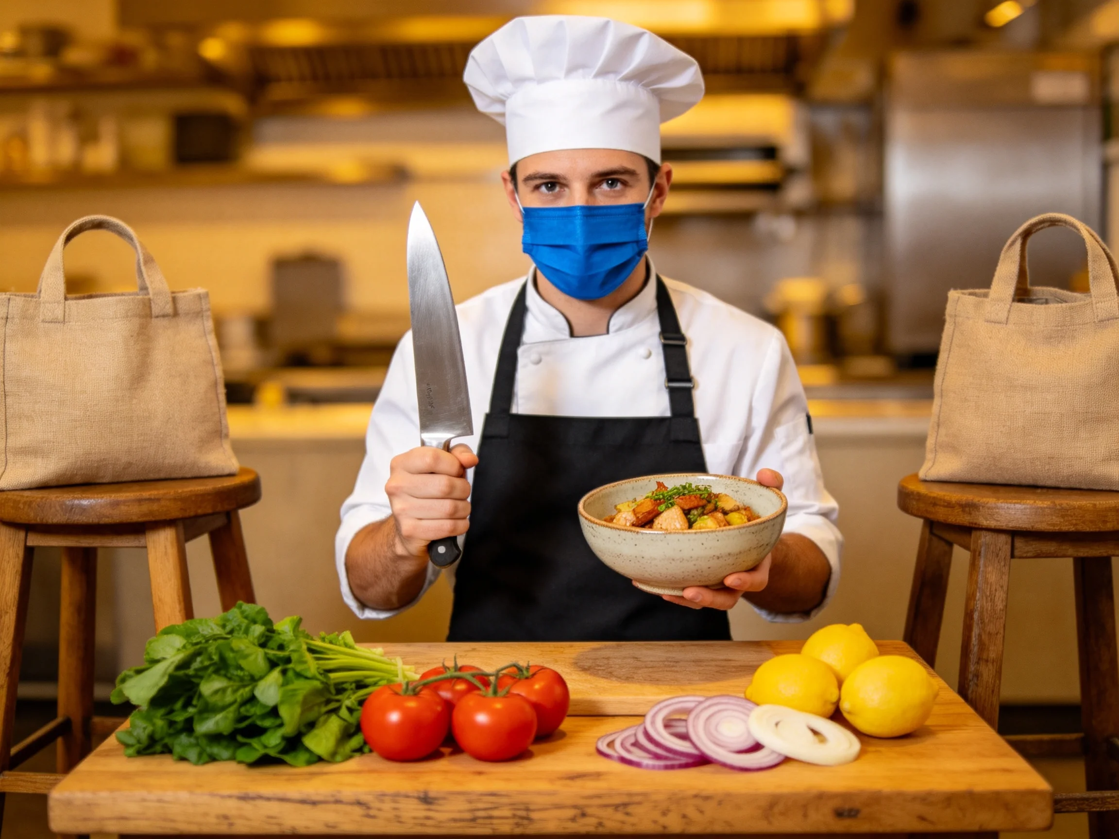 Chef presenting dish with knife near fresh vegetables and bags