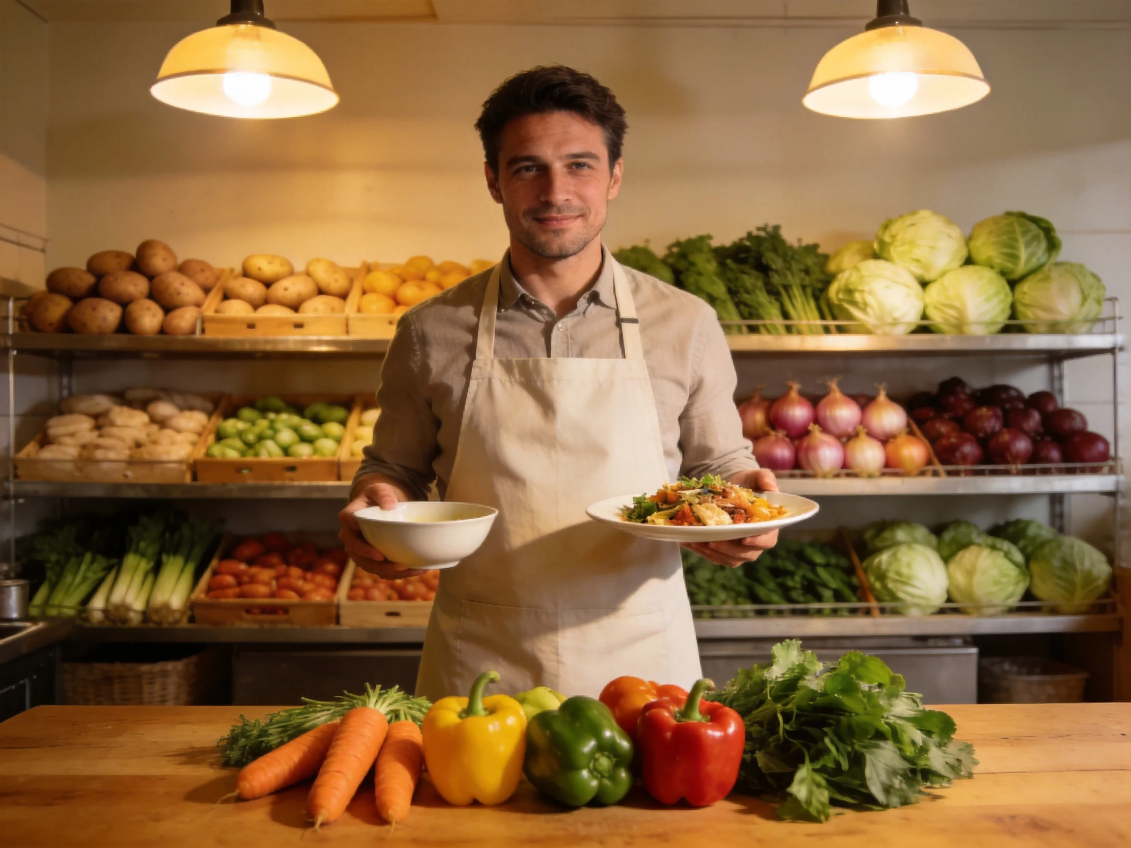 Chef presenting dishes beside vibrant vegetable displays in a market