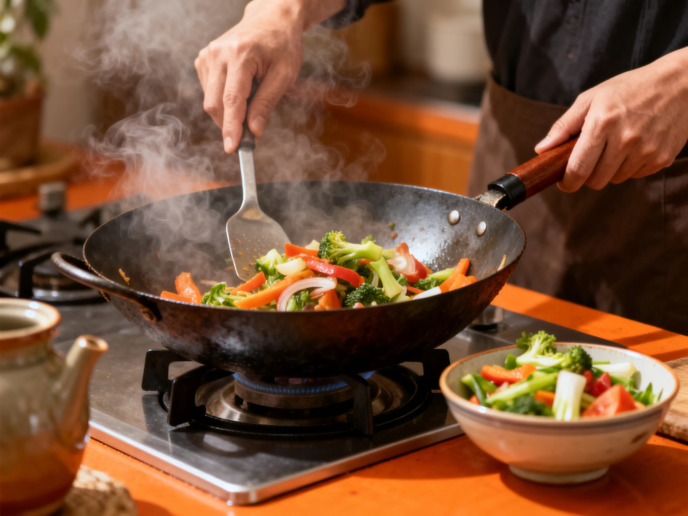 Chef stir-frying colorful vegetables in a black wok on a gas stove