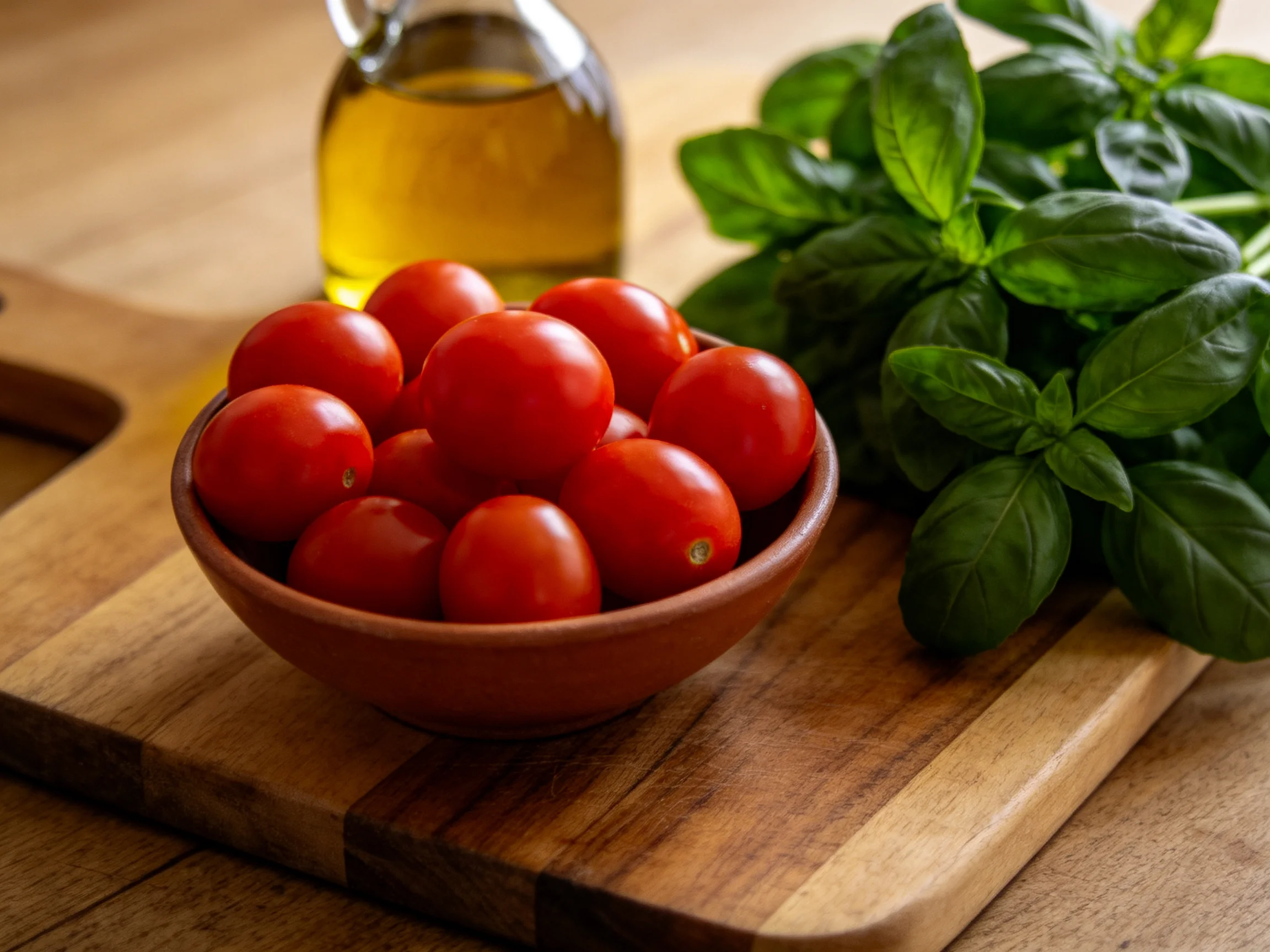 Cherry tomatoes, fresh basil, and olive oil arranged on a wooden cutting board