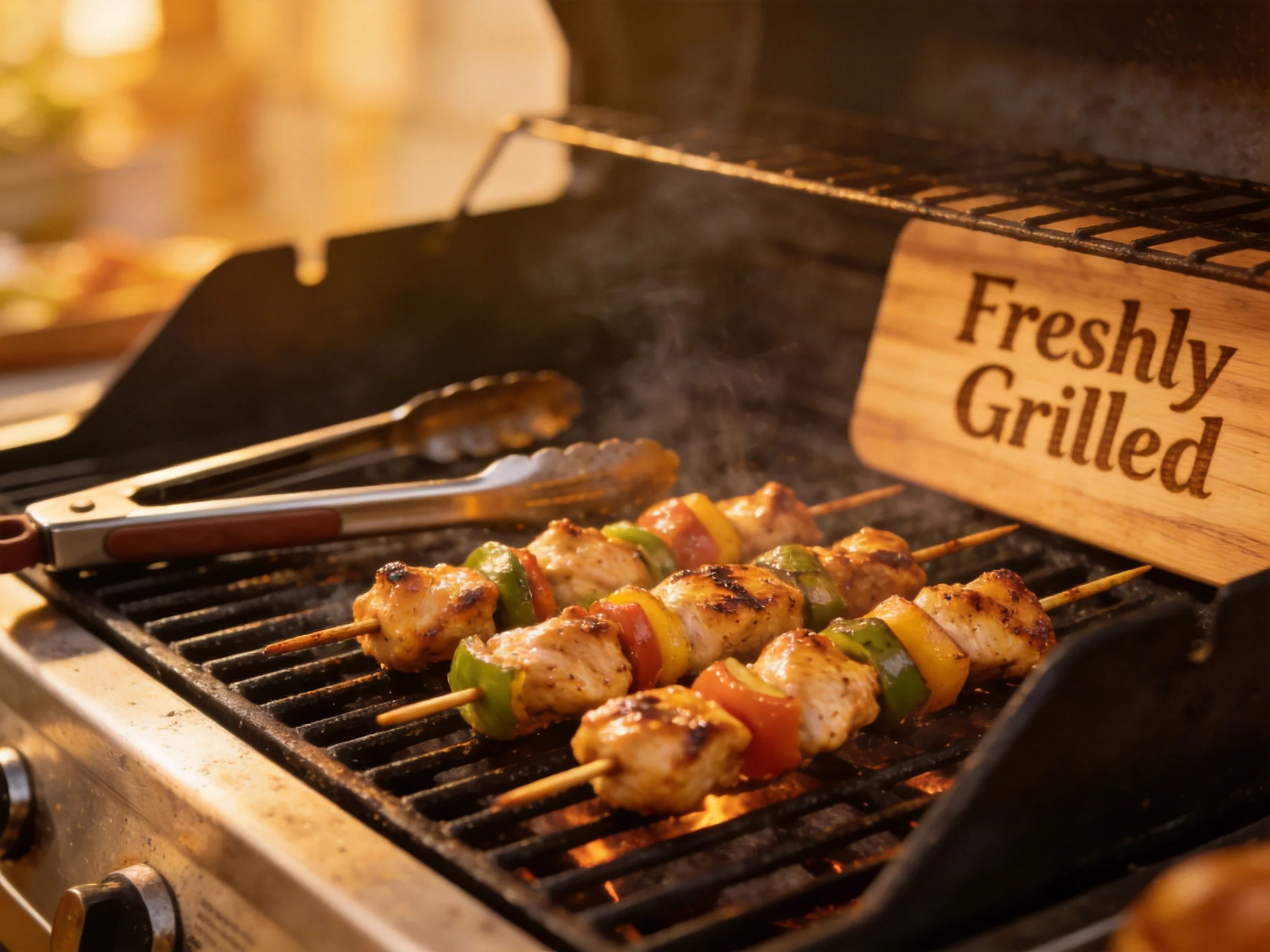 Chicken and vegetable skewers grilling on a stainless steel barbecue with tongs and a wooden sign