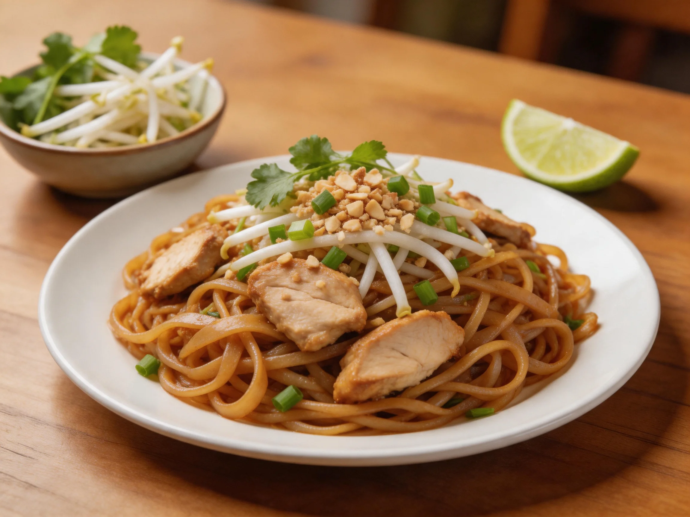 Chicken pad Thai with bean sprouts, peanuts, and lime wedge
