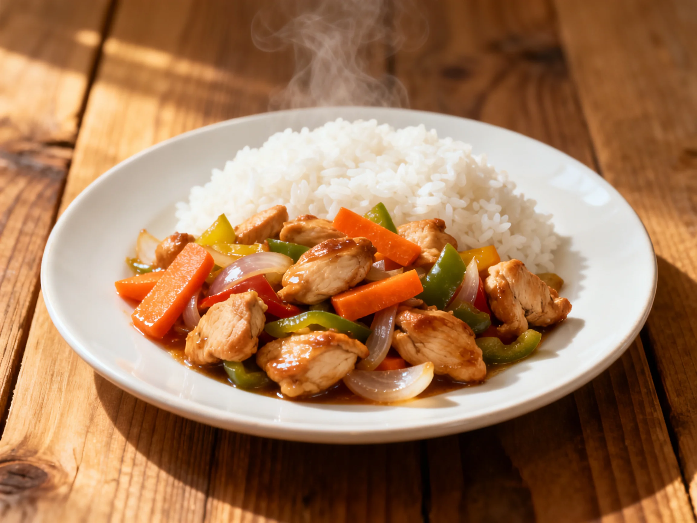 Chicken stir - fry with mixed vegetables and white rice on a plate