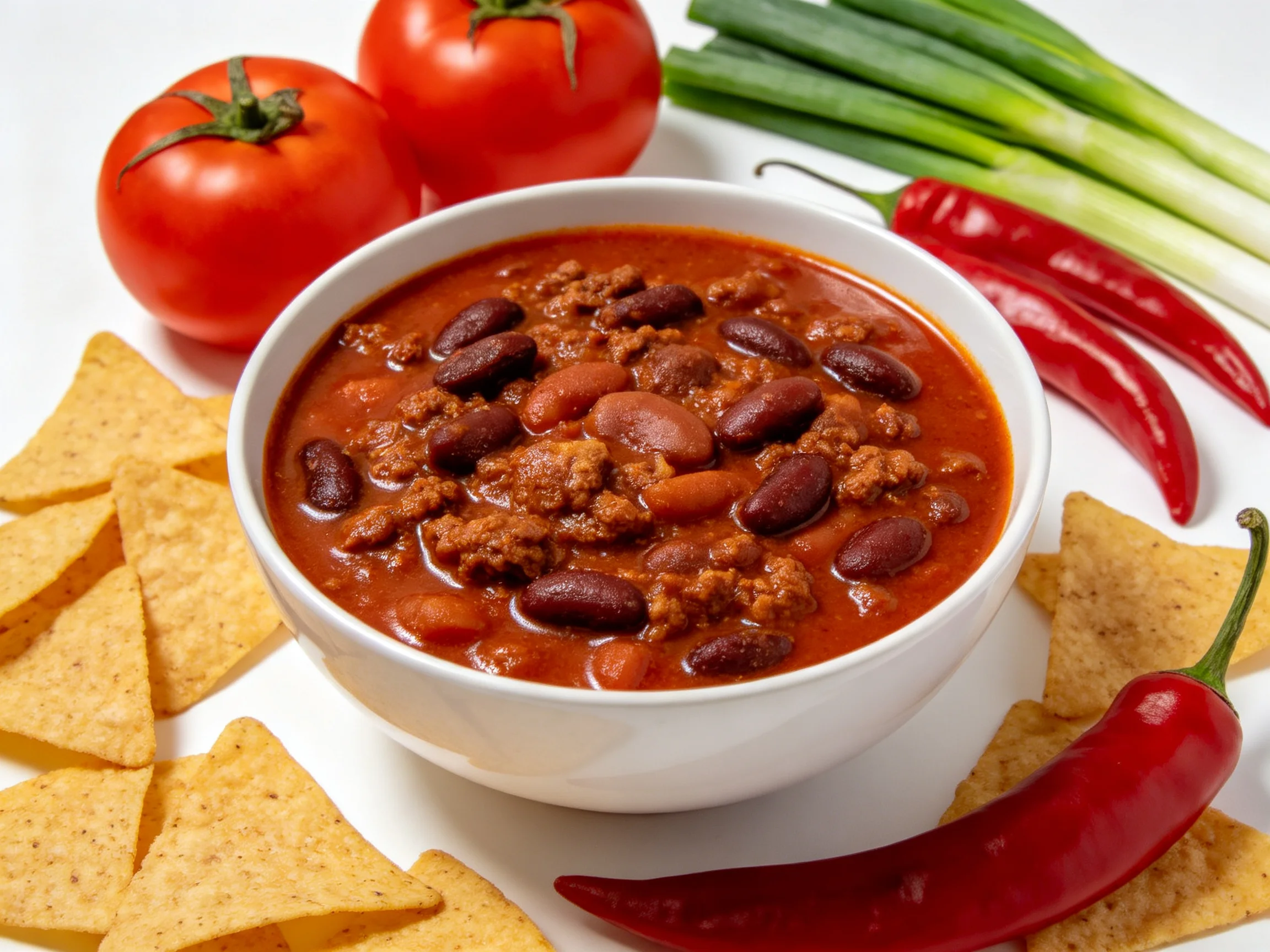 Chili con carne served with tortilla chips, tomatoes, chilies, and scallions