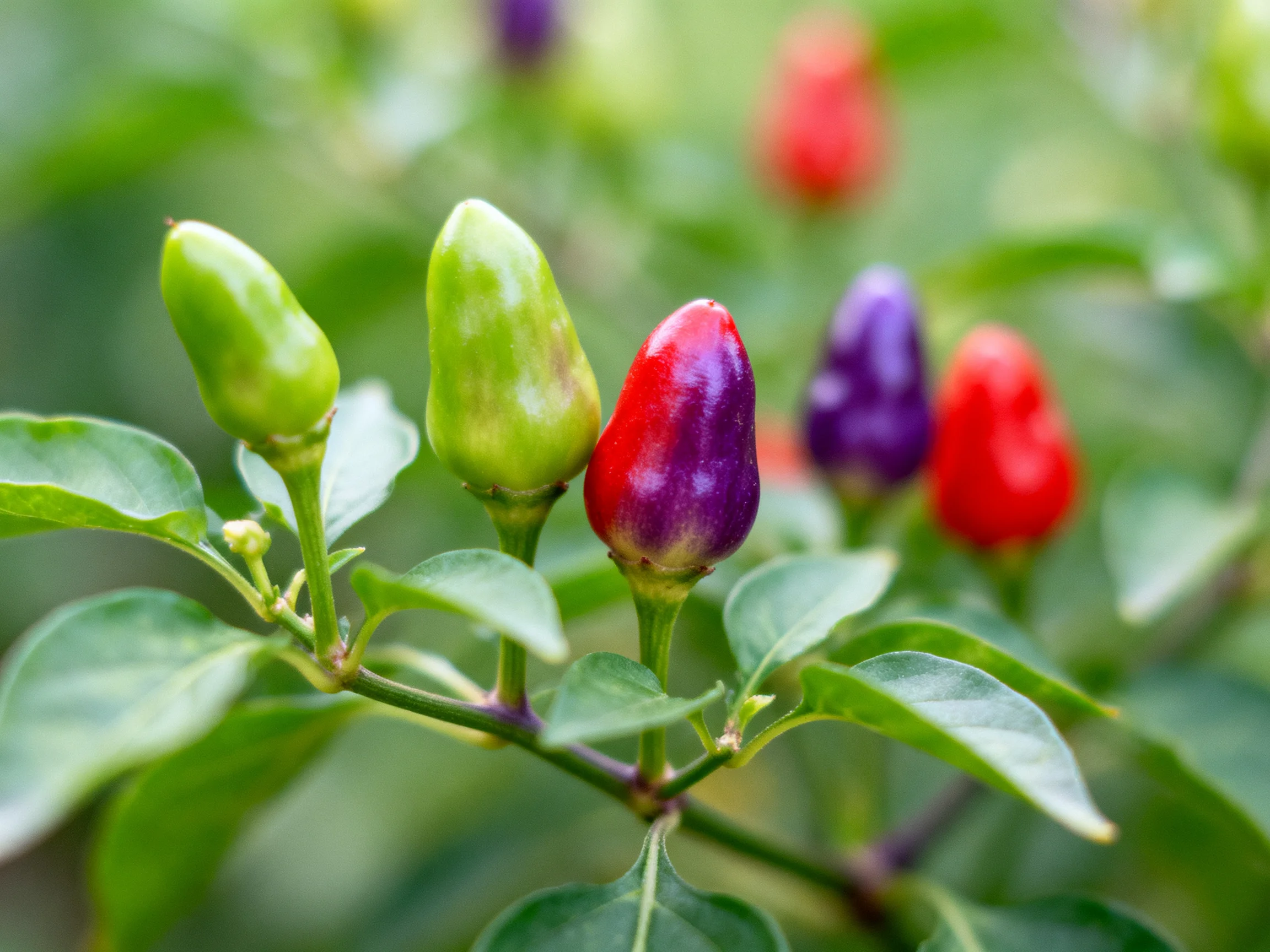 Chili pepper buds in green, purple, red hues on a leafy plant