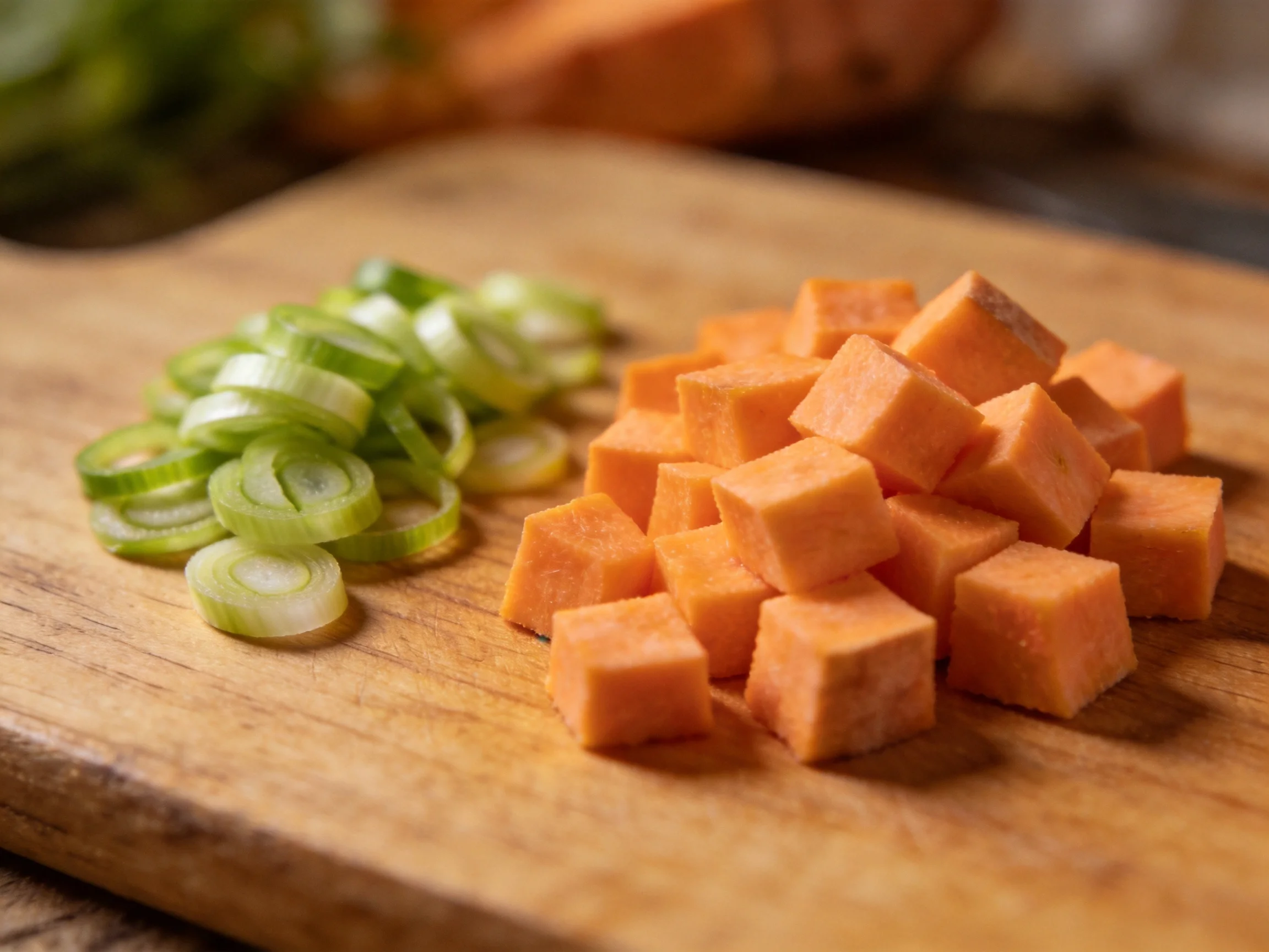 Chopped Sweet Potatoes and Green Onions on a Wooden Cutting Board