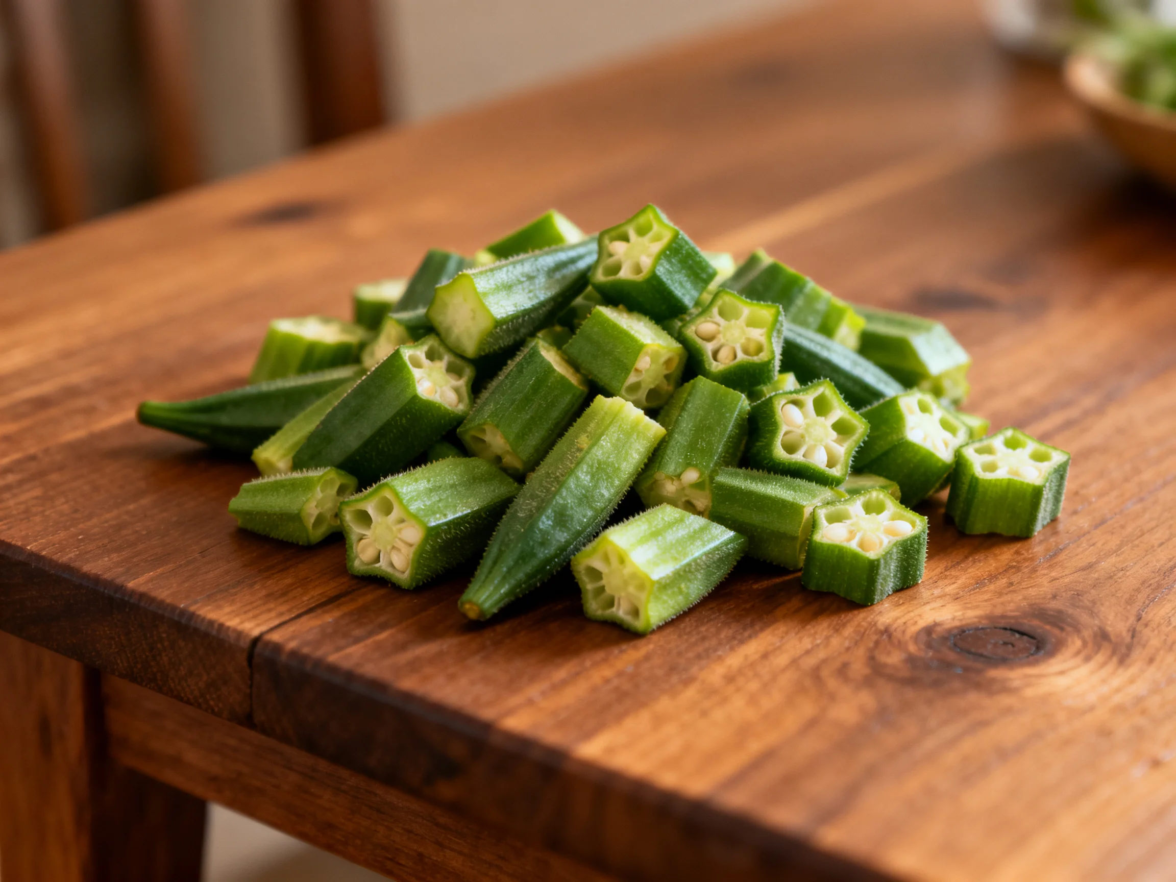 Chopped green okra pieces arranged on a polished wooden table
