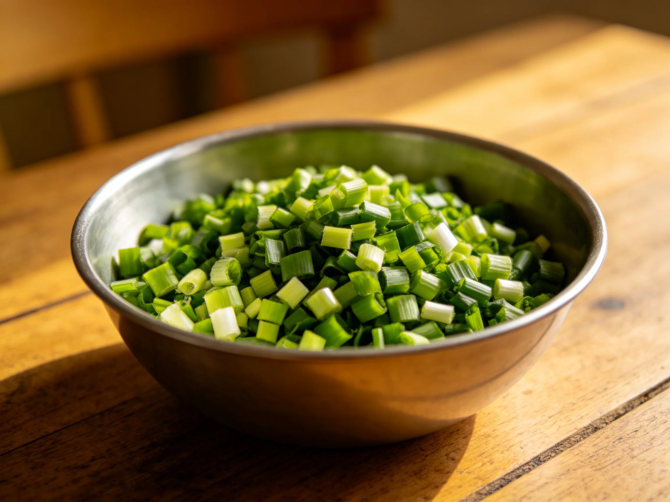 Chopped green onions fill a metallic bowl on a wooden table