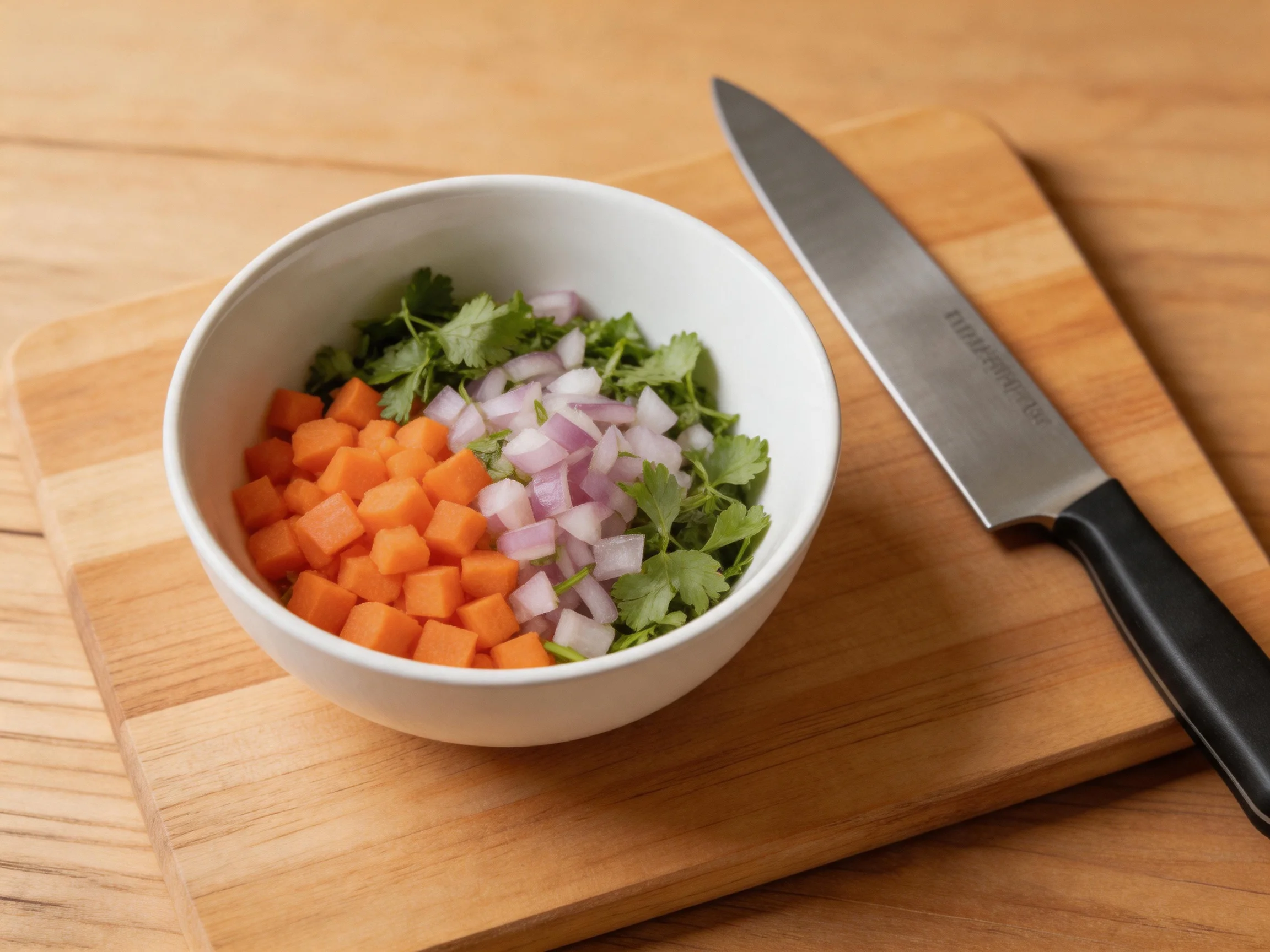 Chopped orange carrots, purple onions, and green cilantro in a white bowl with a chef’s knife