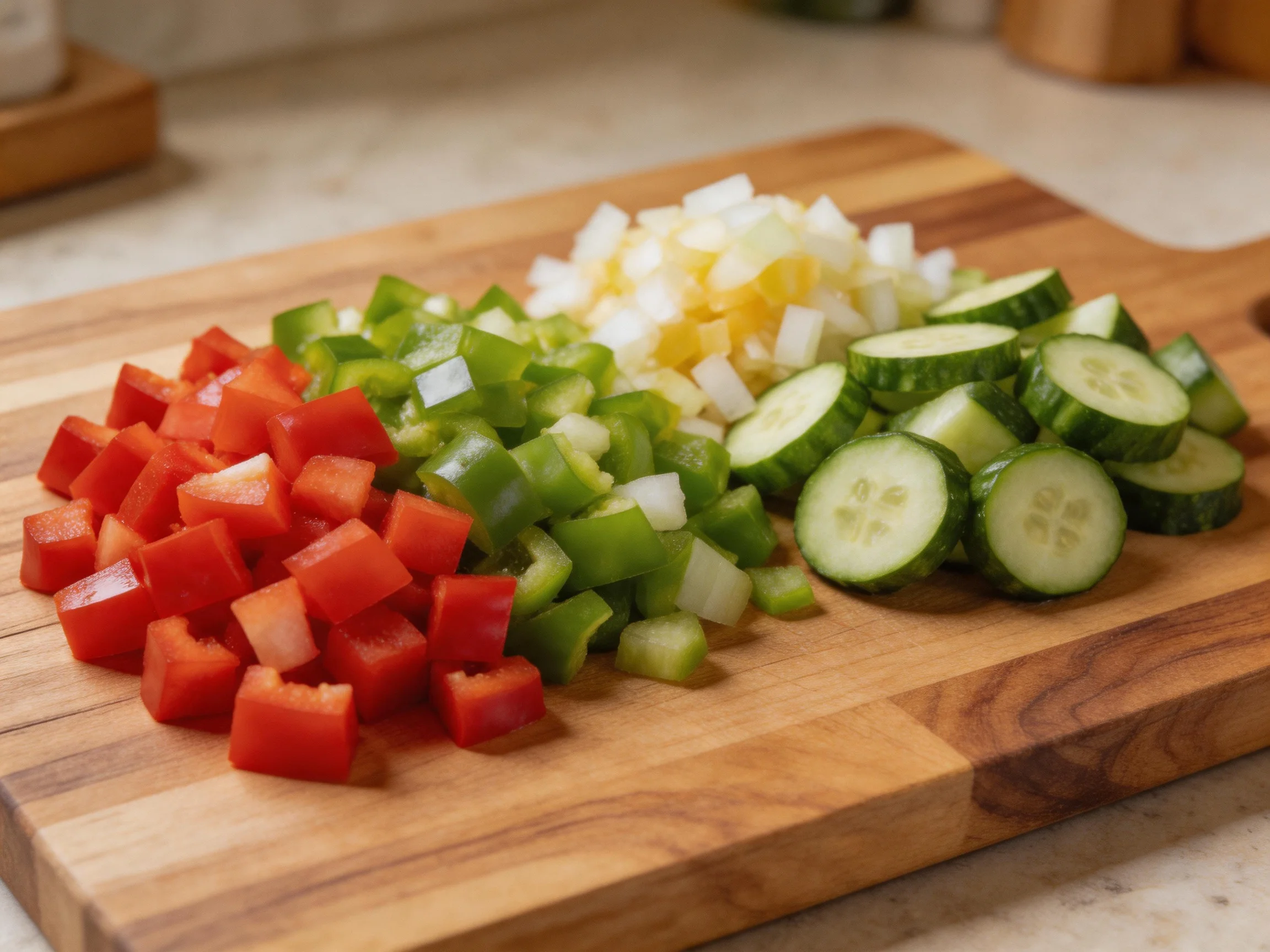 Chopped red and green peppers, diced onions, sliced cucumbers on wooden cutting board