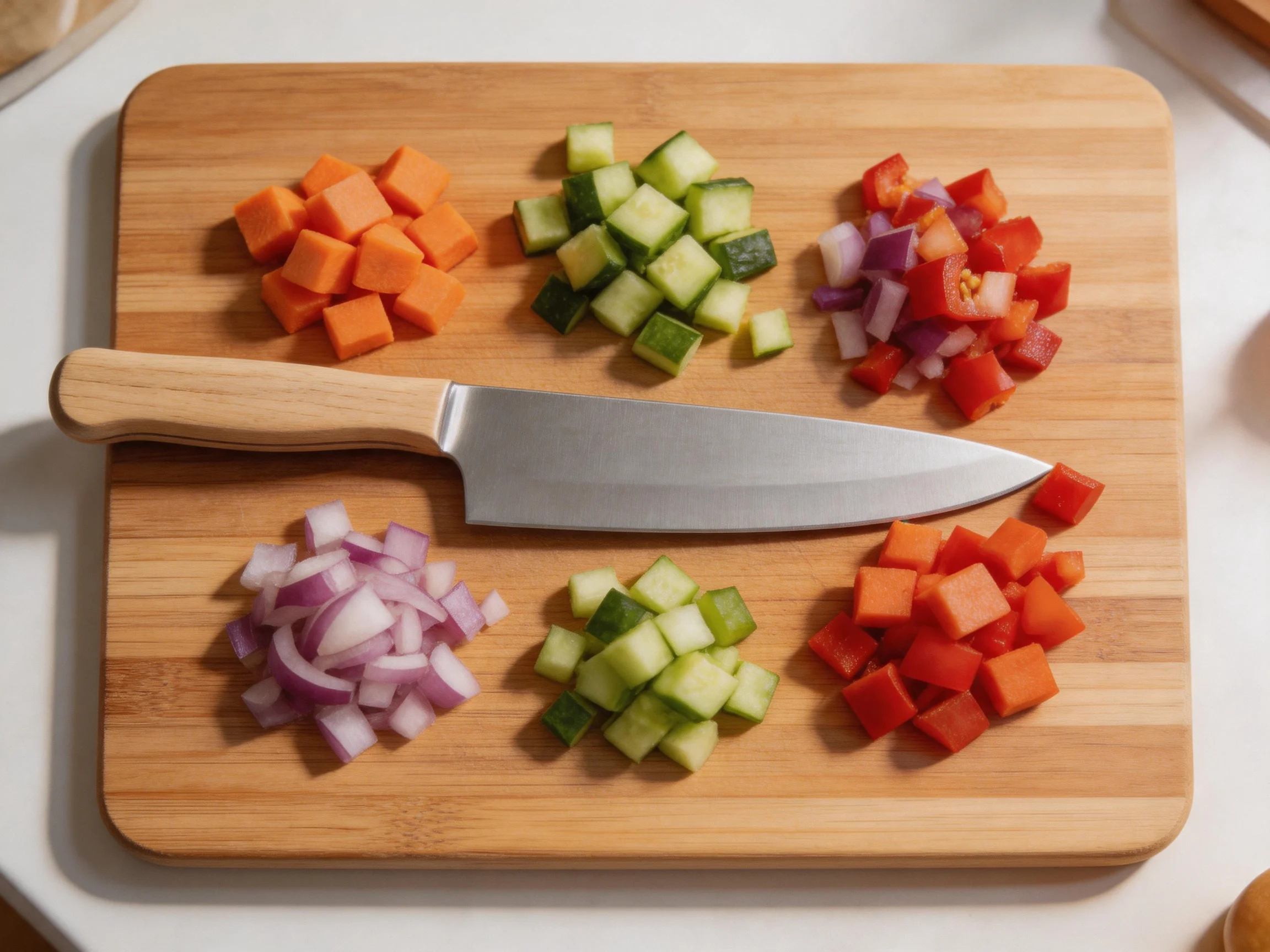 Chopped vegetables arranged on wooden cutting board with chefs knife
