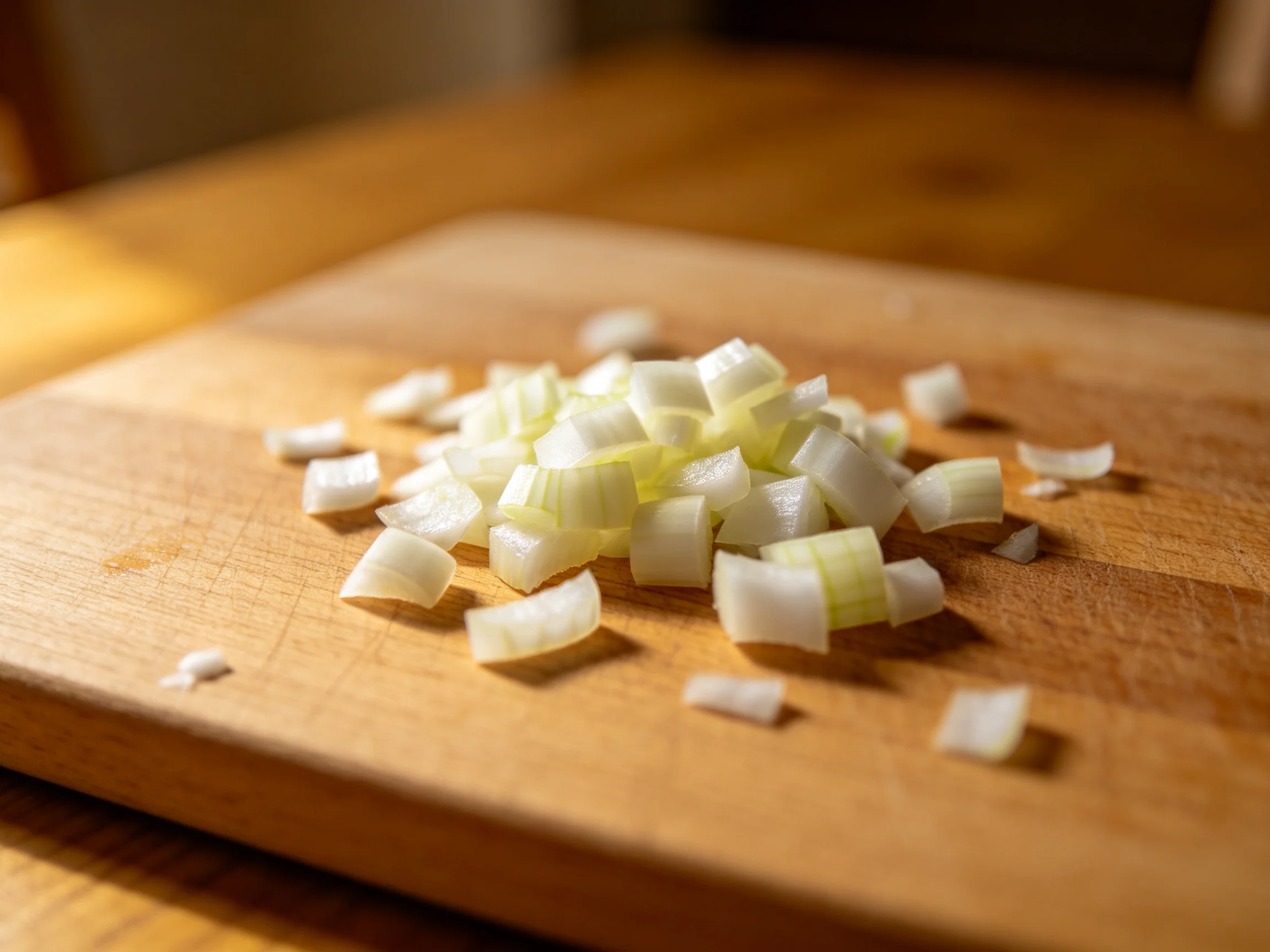 Chopped white onions scattered on a polished wooden cutting board