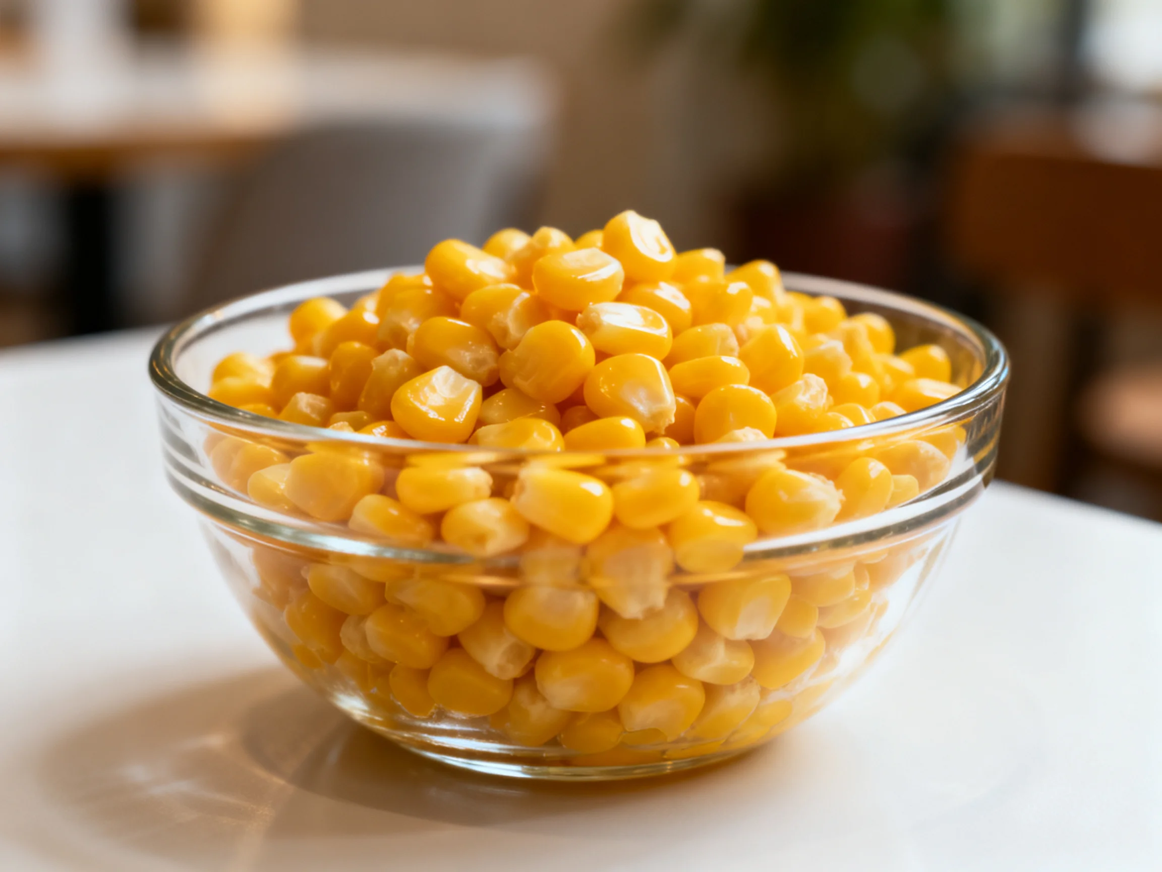 Clear glass bowl brimming with bright yellow corn kernels