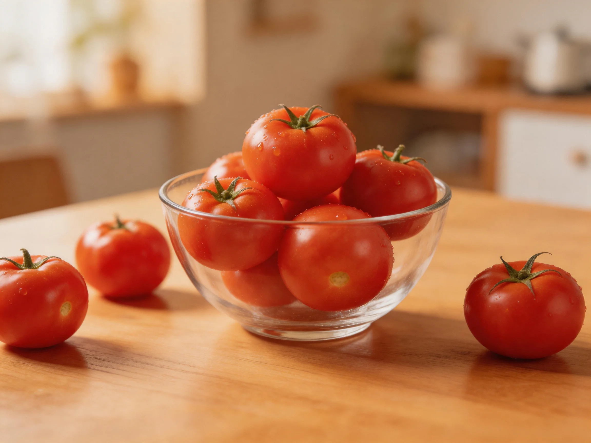 Clear glass bowl filled with vibrant red tomatoes on a wooden table