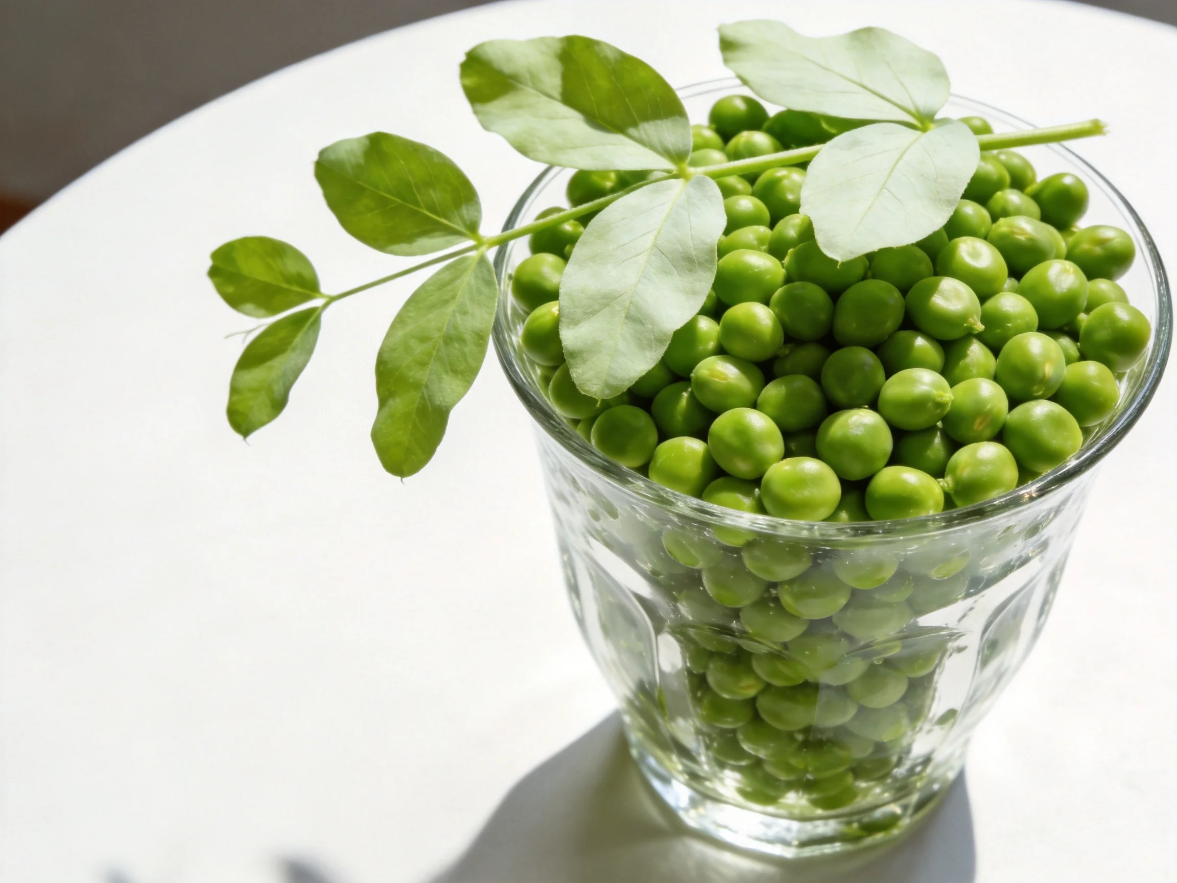 Clear glass overflowing with fresh green peas and leafy greens