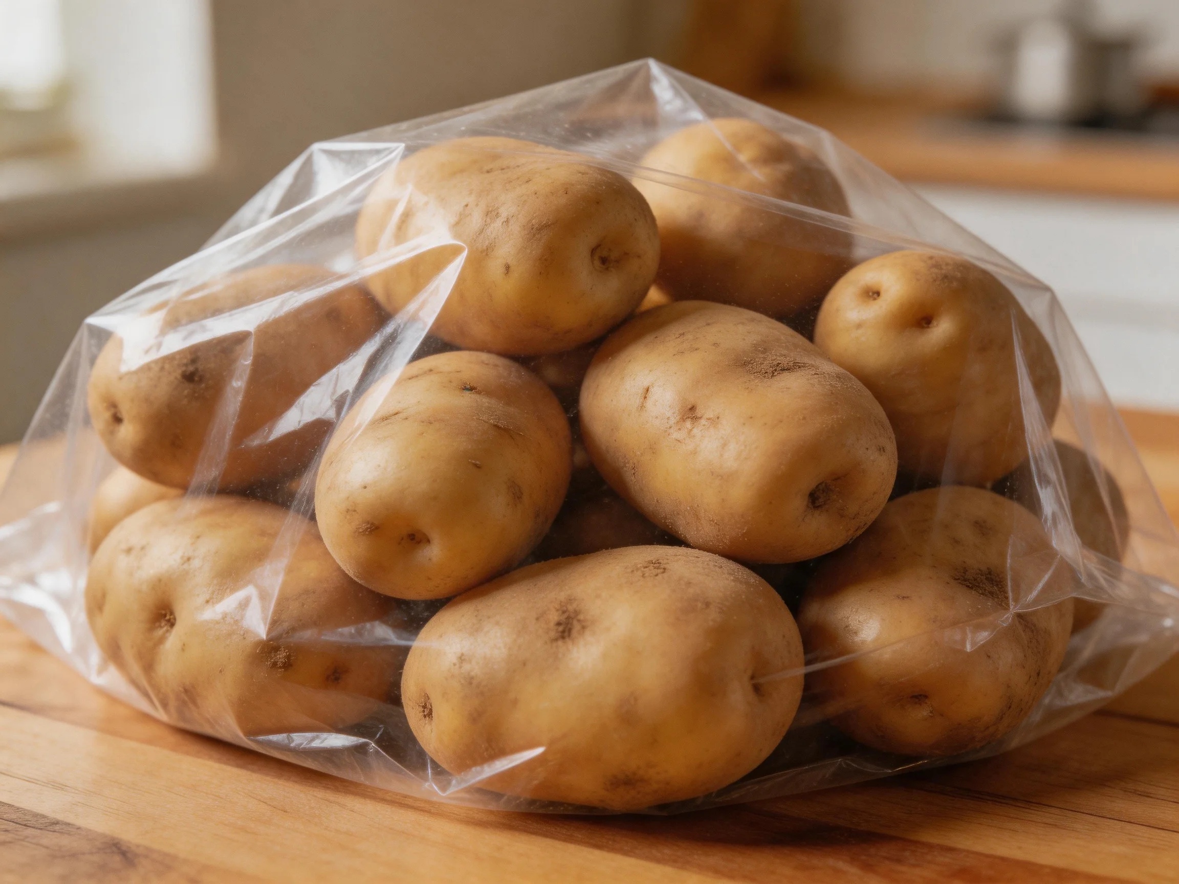 Clear plastic bag filled with brown potatoes on wooden surface