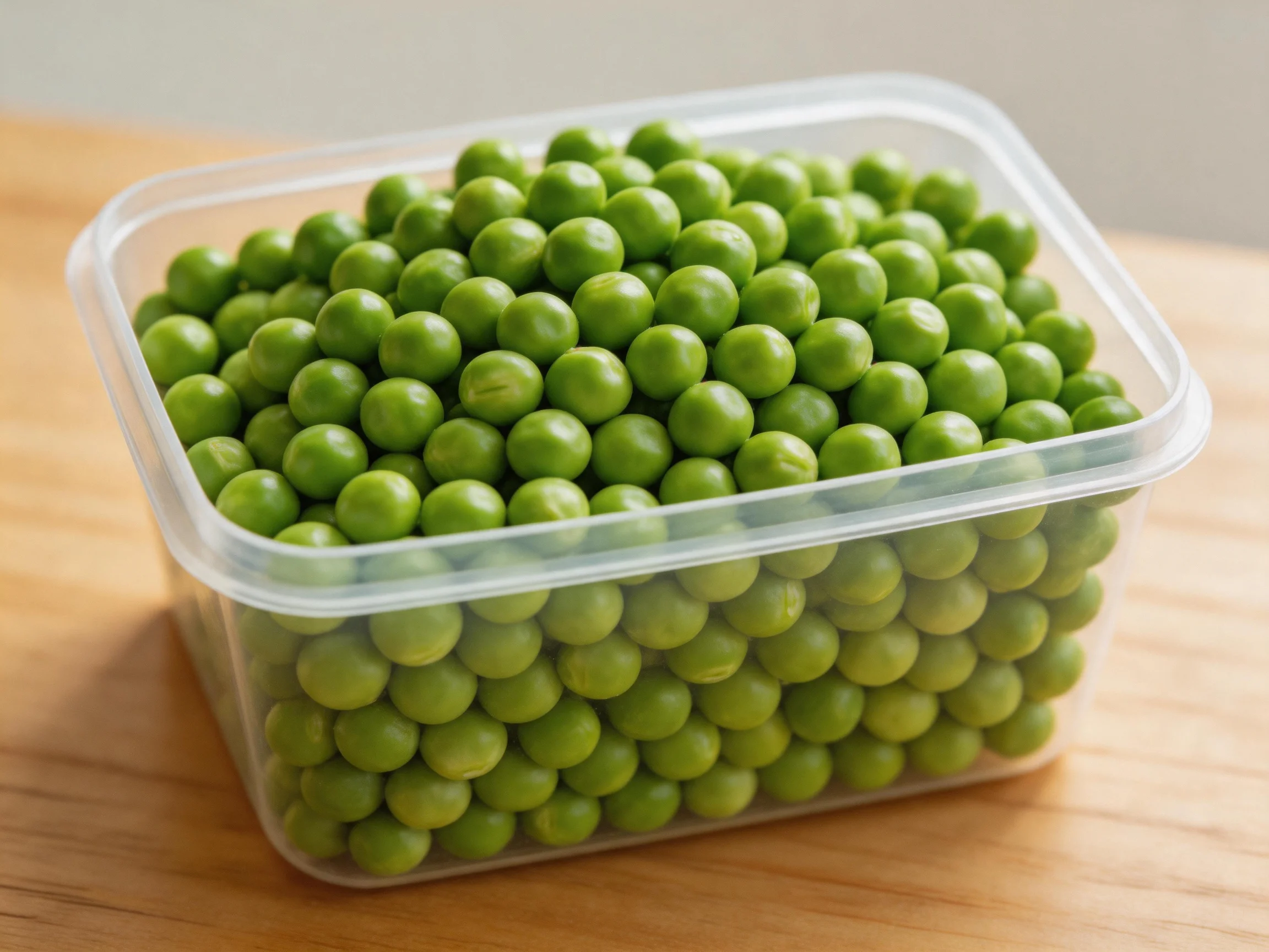 Clear plastic container filled with numerous fresh green peas