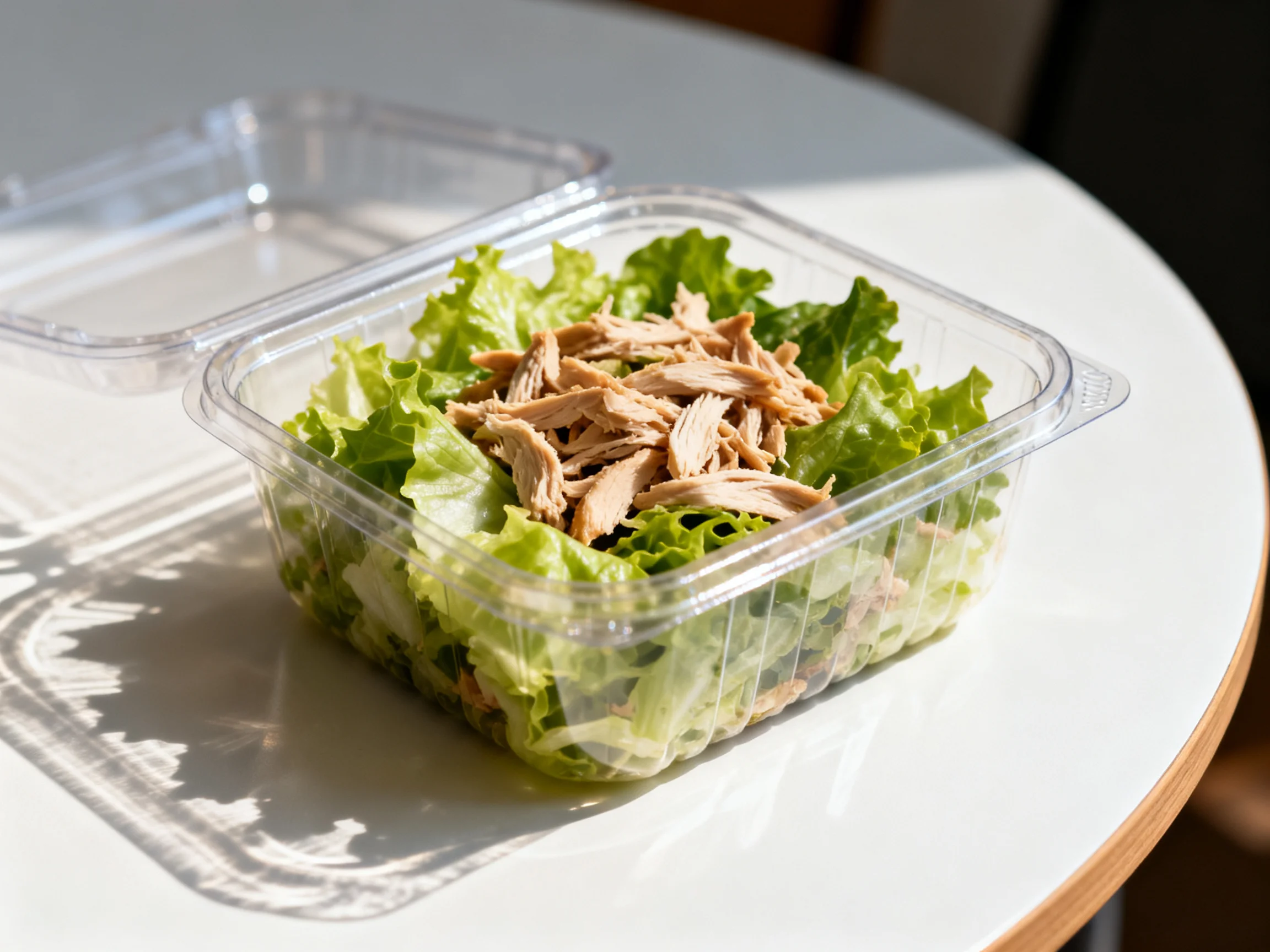 Clear plastic containers hold fresh green lettuce and shredded beige meat on a white table