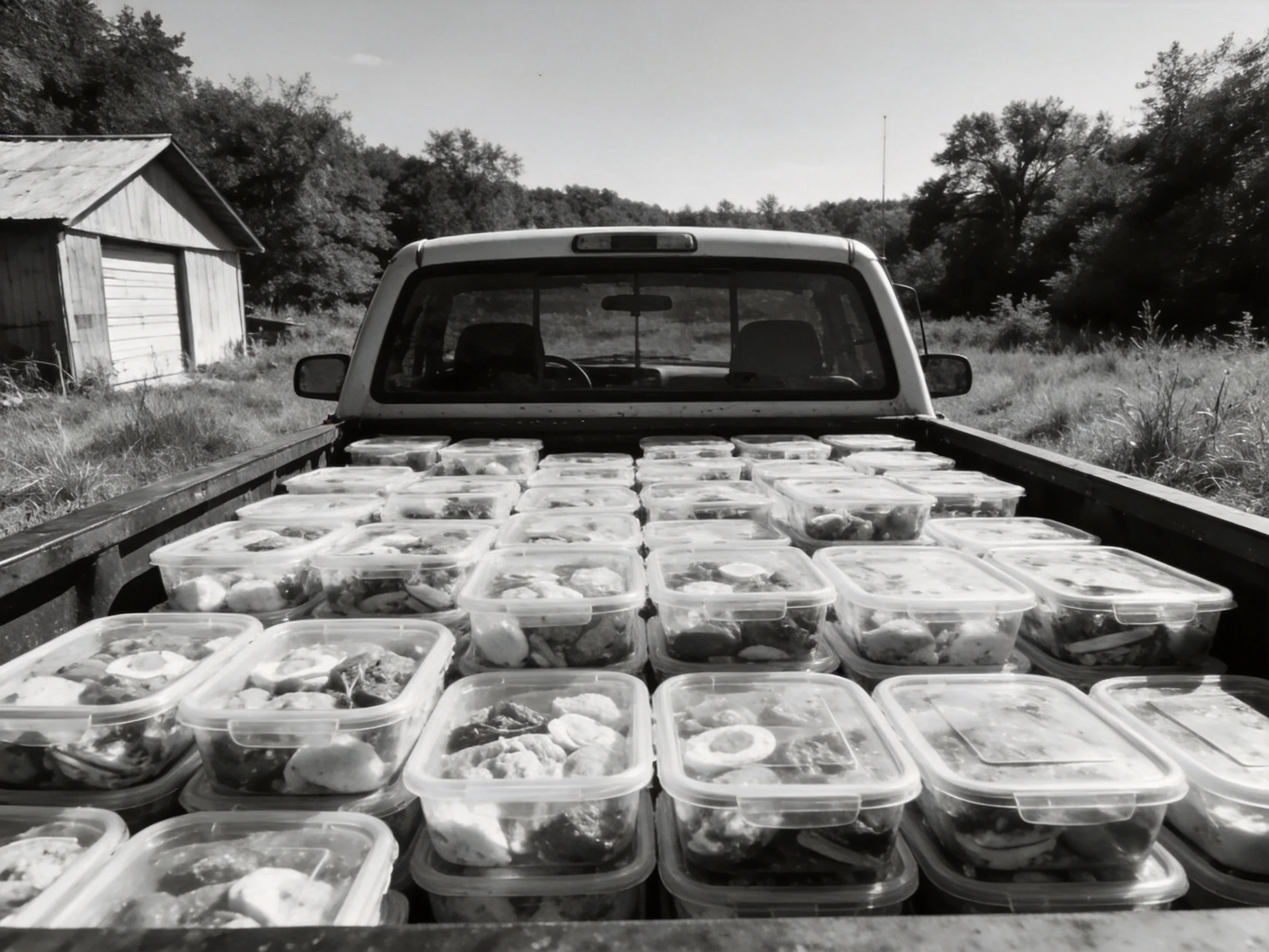 Clear plastic containers loaded into a pickup truck in rural countryside