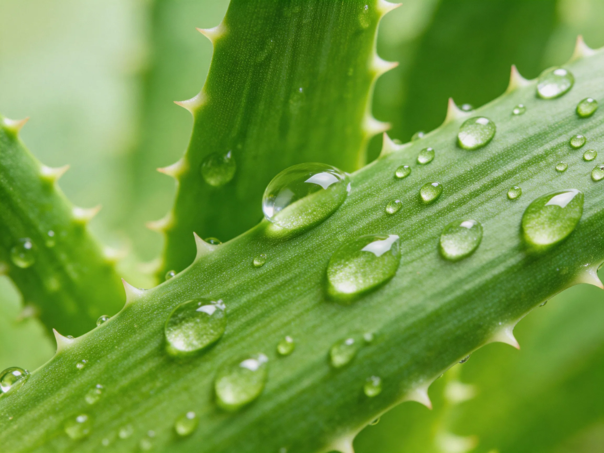 Clear water droplets adorn spiky green aloe vera leaves
