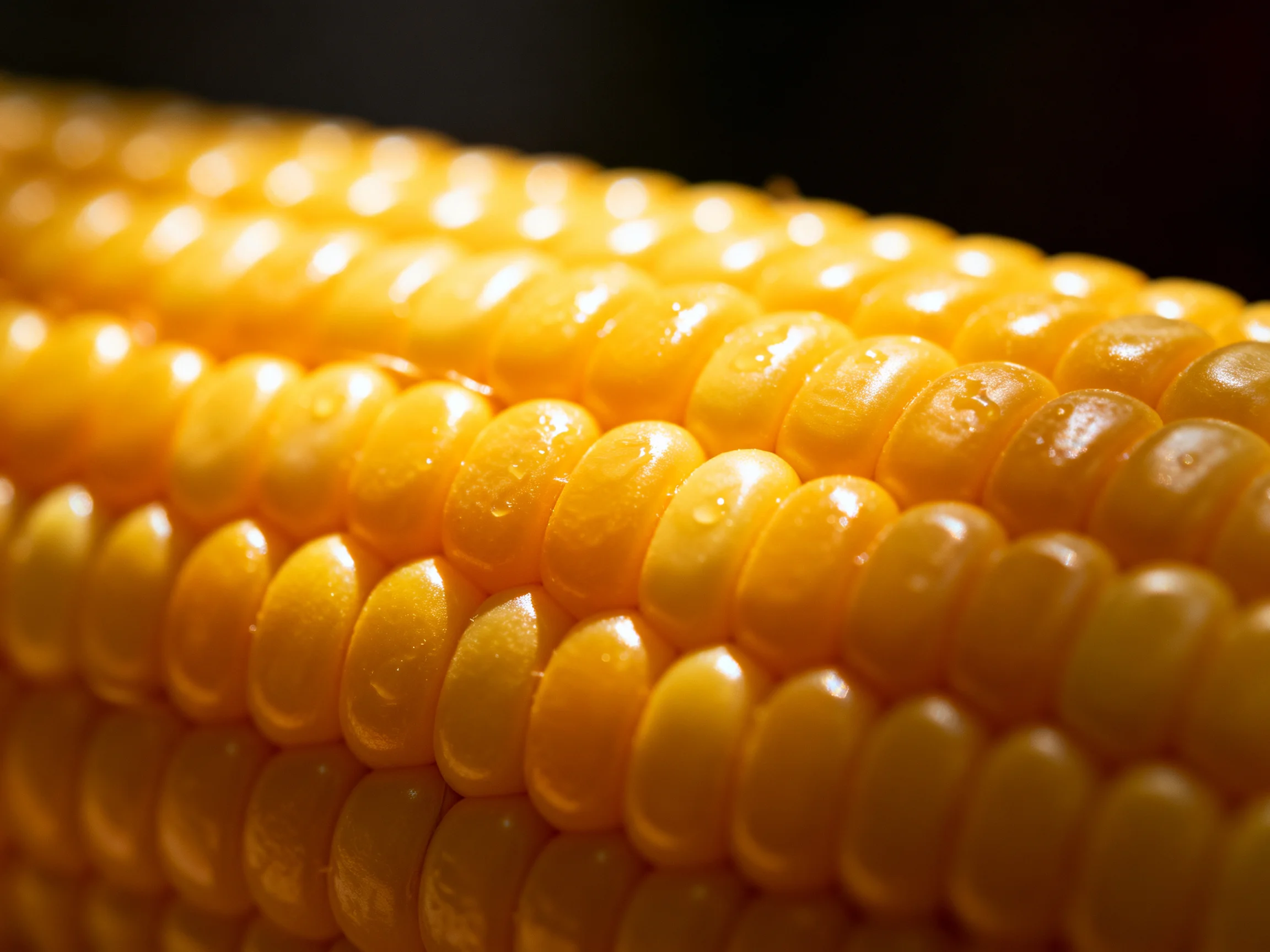 Close-up golden corn kernels with vibrant yellow hues and glossy texture