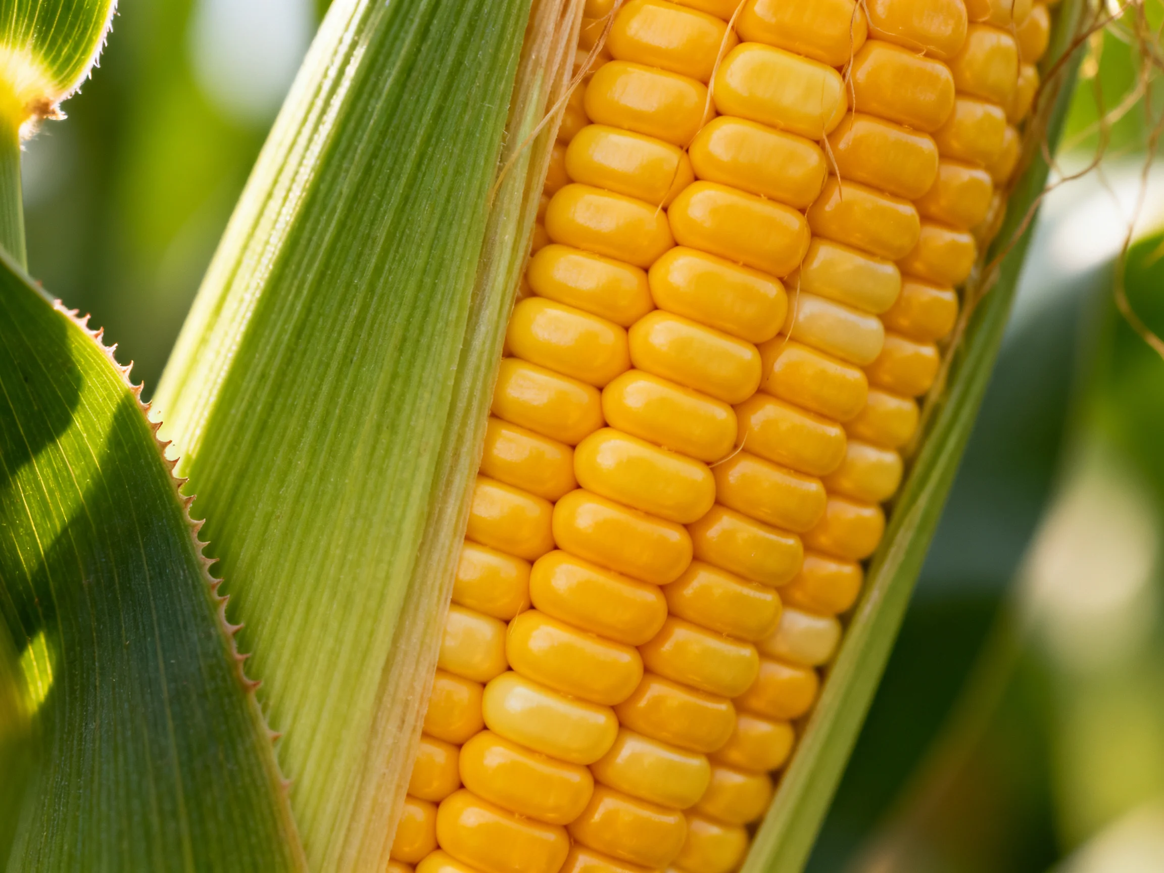 Close-up of a freshly picked golden corn cob with green husk