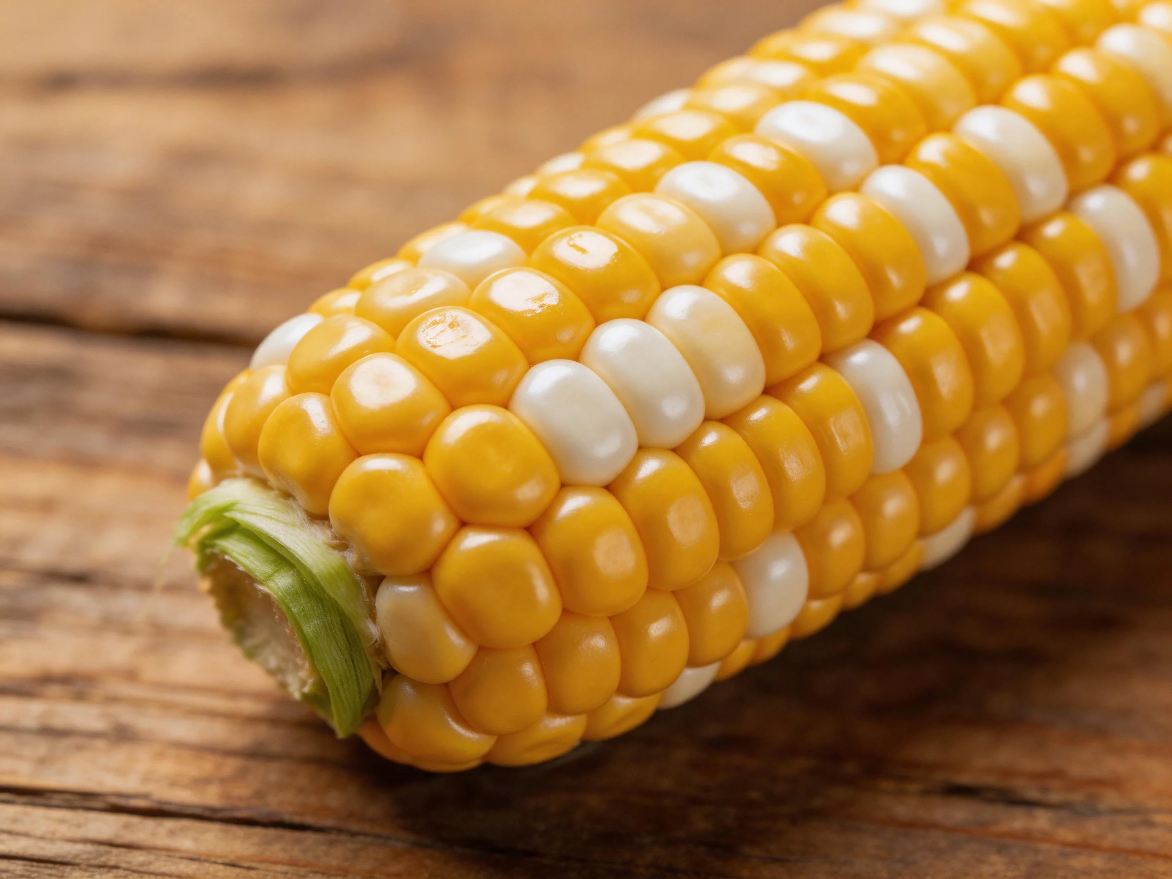 Close-up of a yellow and white corn cob on a rustic wooden surface