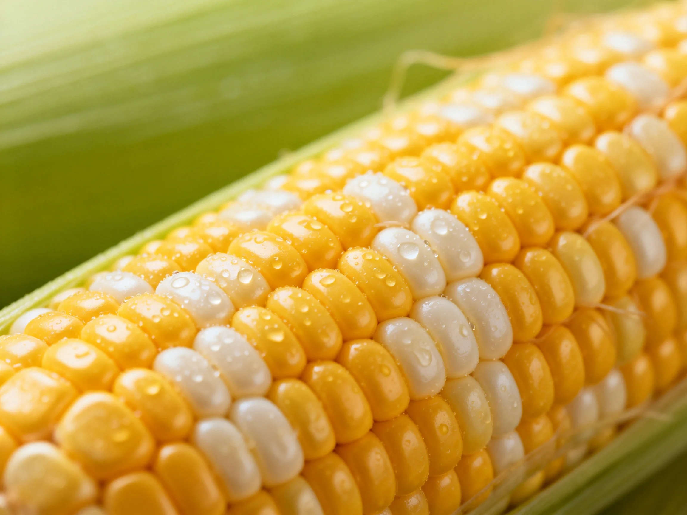 Close-up of corn ear with alternating yellow and white kernels and water droplets