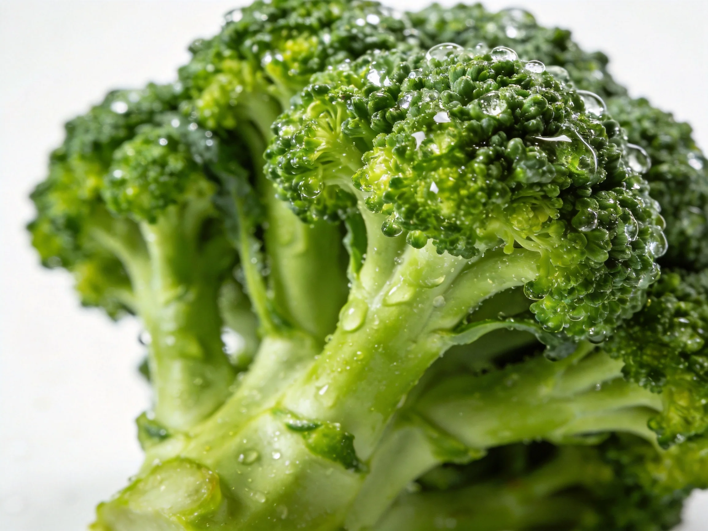 Close-up of fresh green broccoli with glistening water droplets