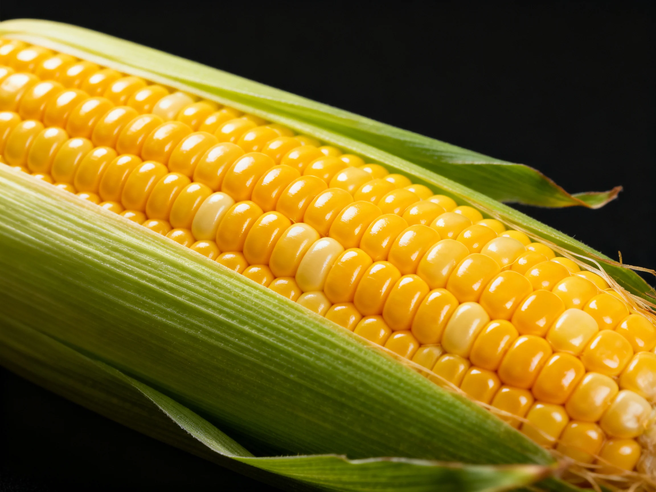 Close - up of fresh yellow corn cob with green husk, 14 rows of kernels