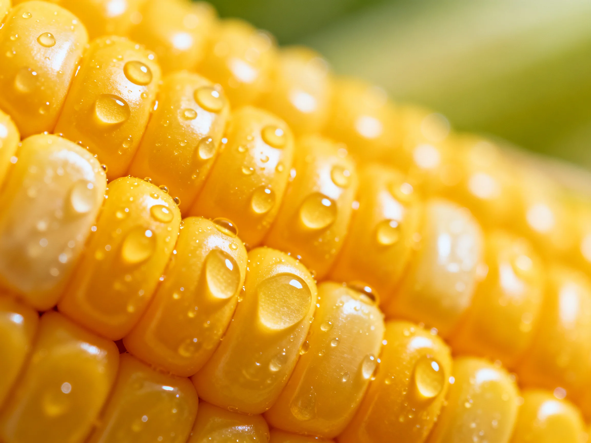 Close-up of golden corn kernels with glistening water droplets