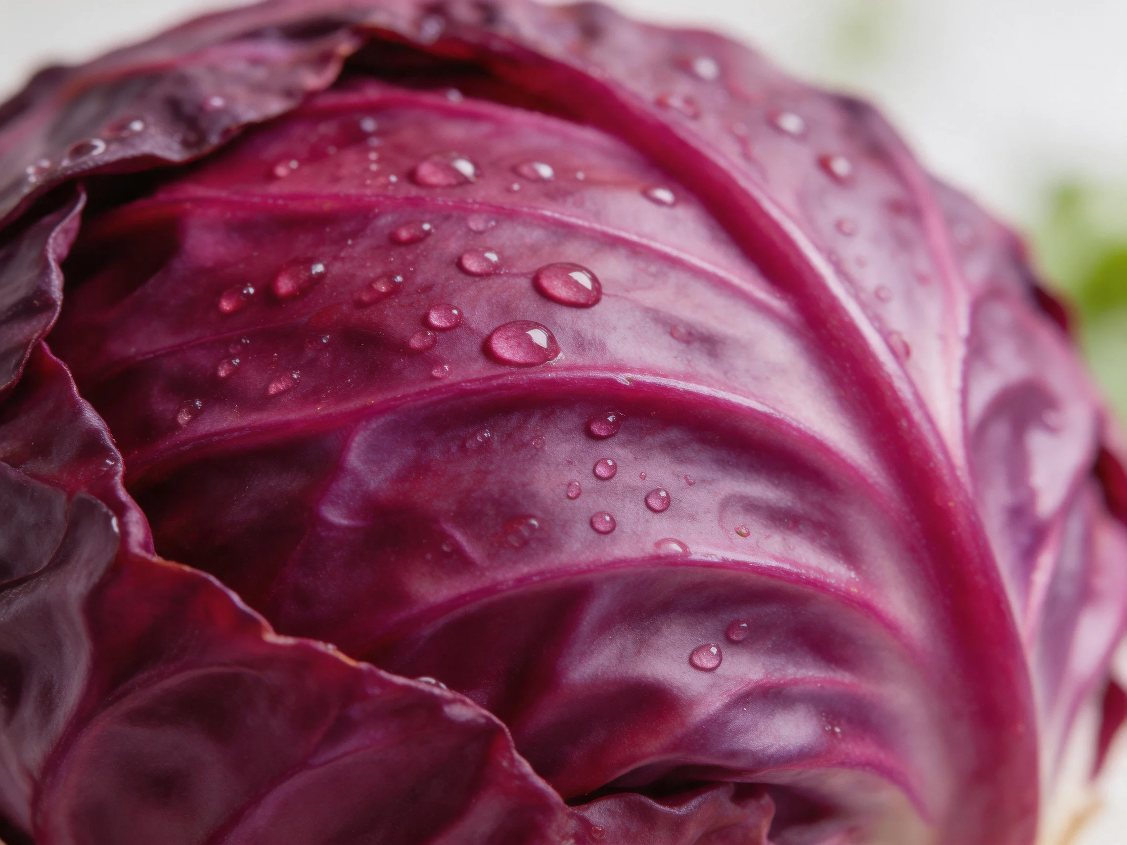Close-up of vibrant deep purple cabbage with water droplets