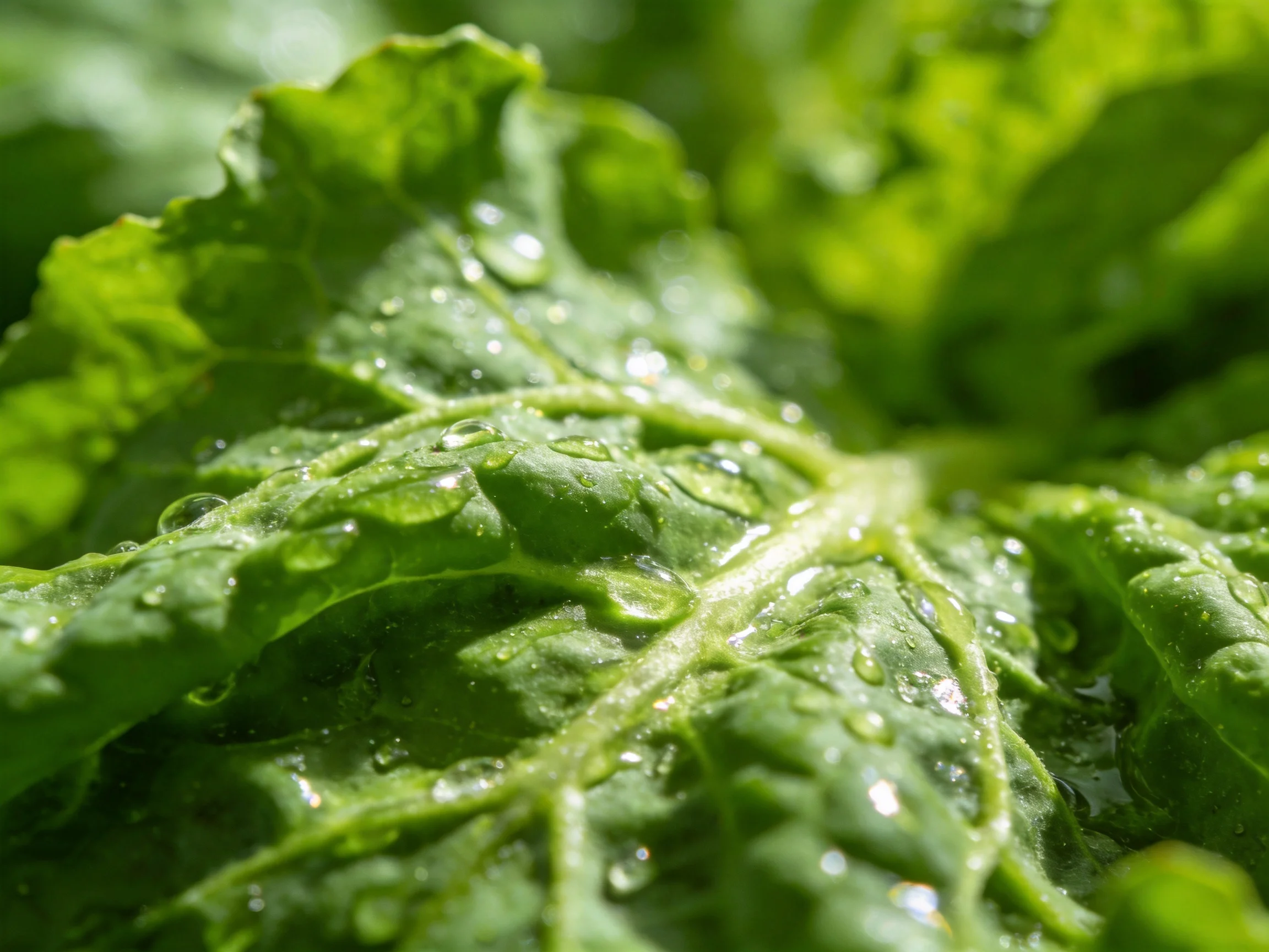 Close-up of vibrant green leaf with glistening dew droplets