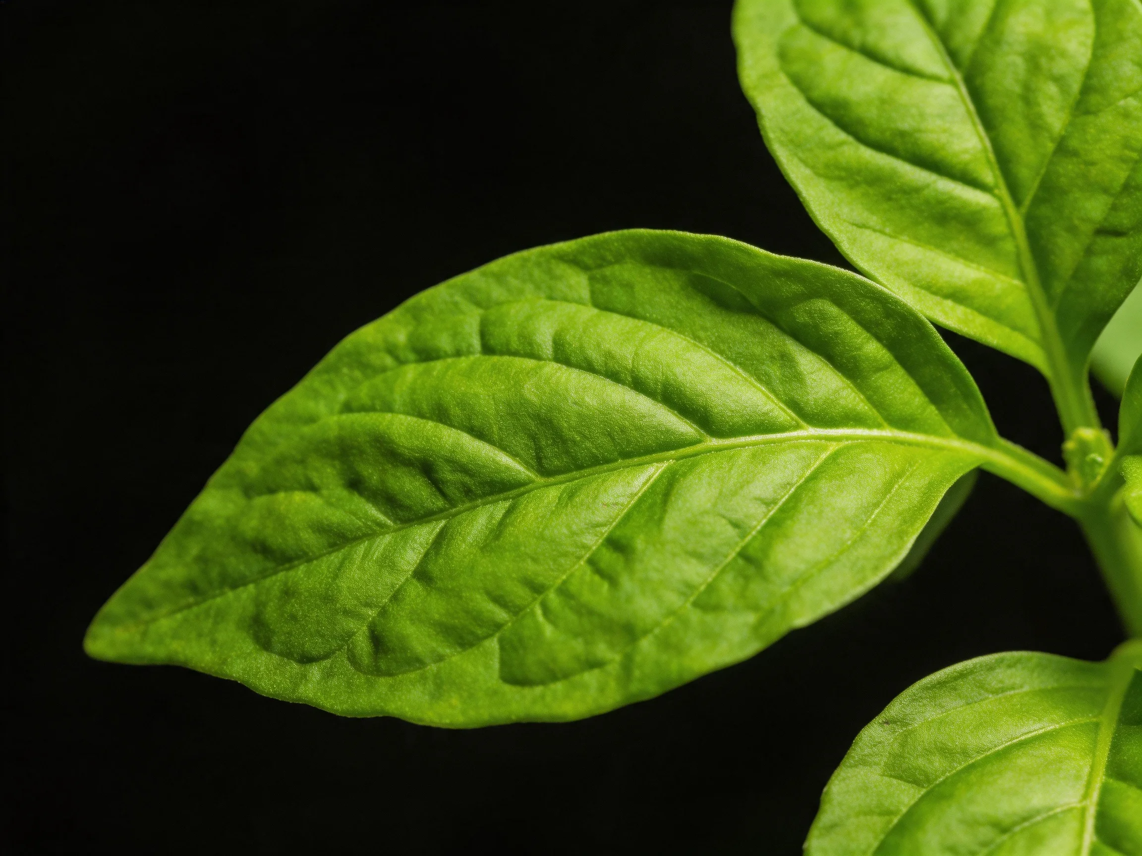Close-up of vibrant green leaves with distinct vein patterns on a black backdrop