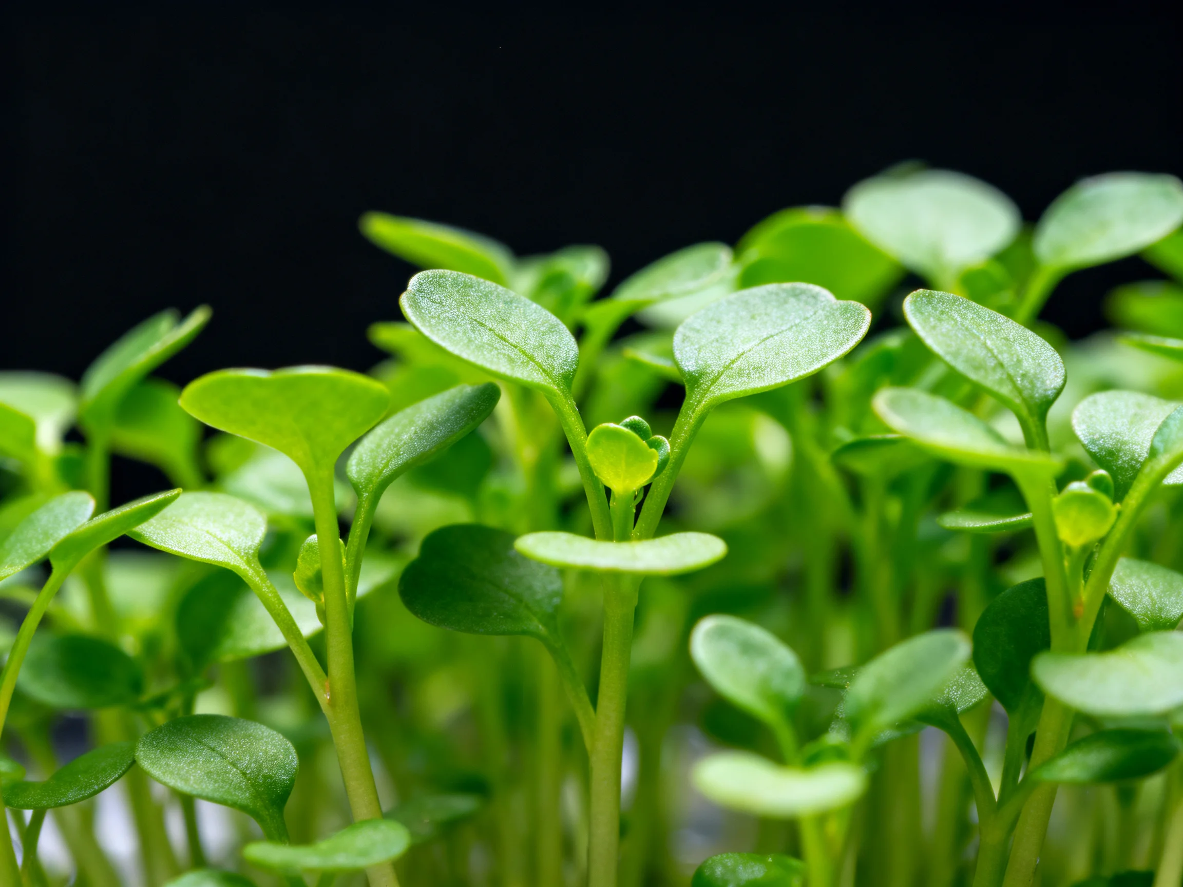 Close-up of vibrant green microgreen seedlings with smooth foliage