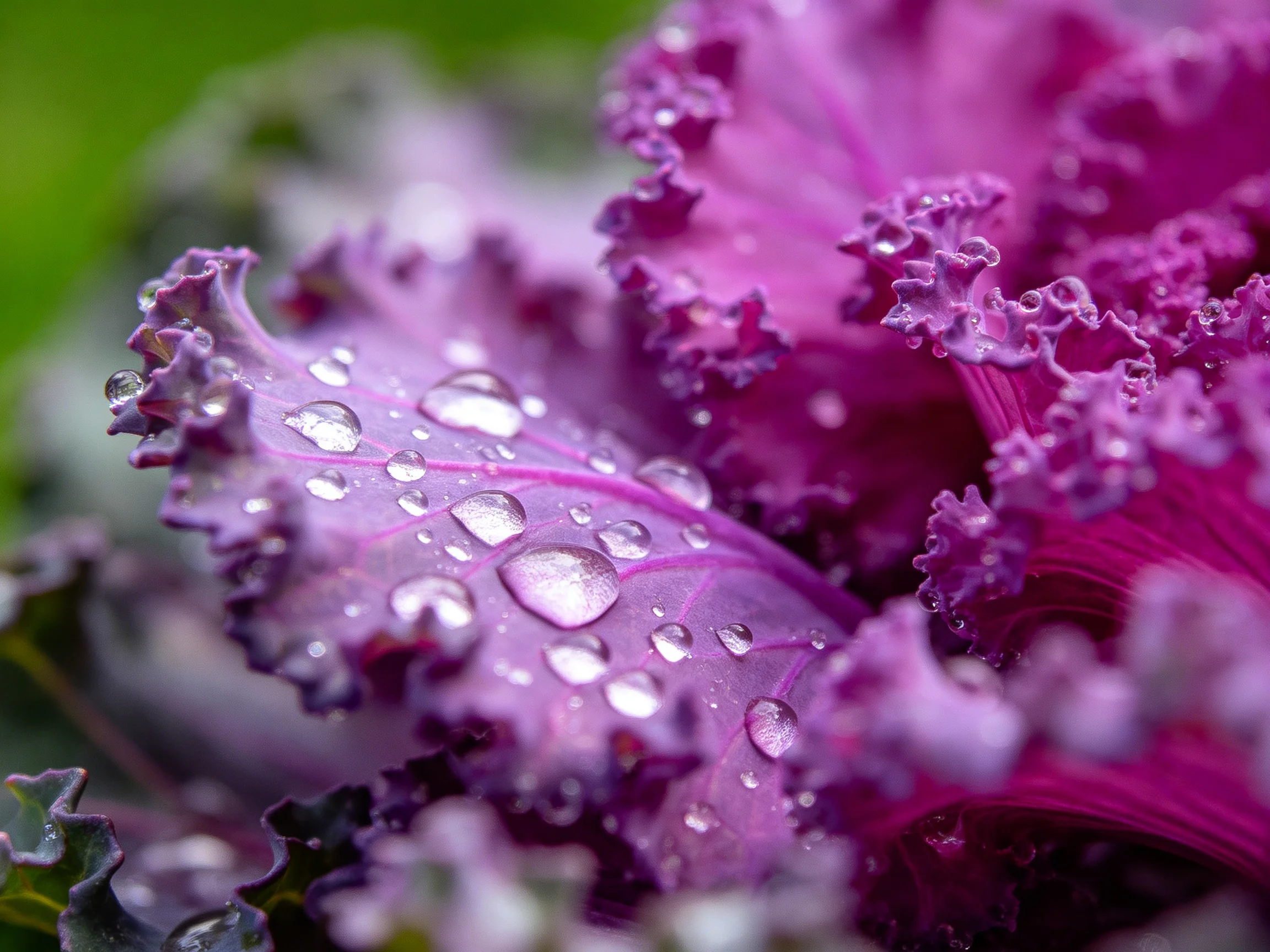 Close-up of vibrant purple curly kale with glistening water droplets