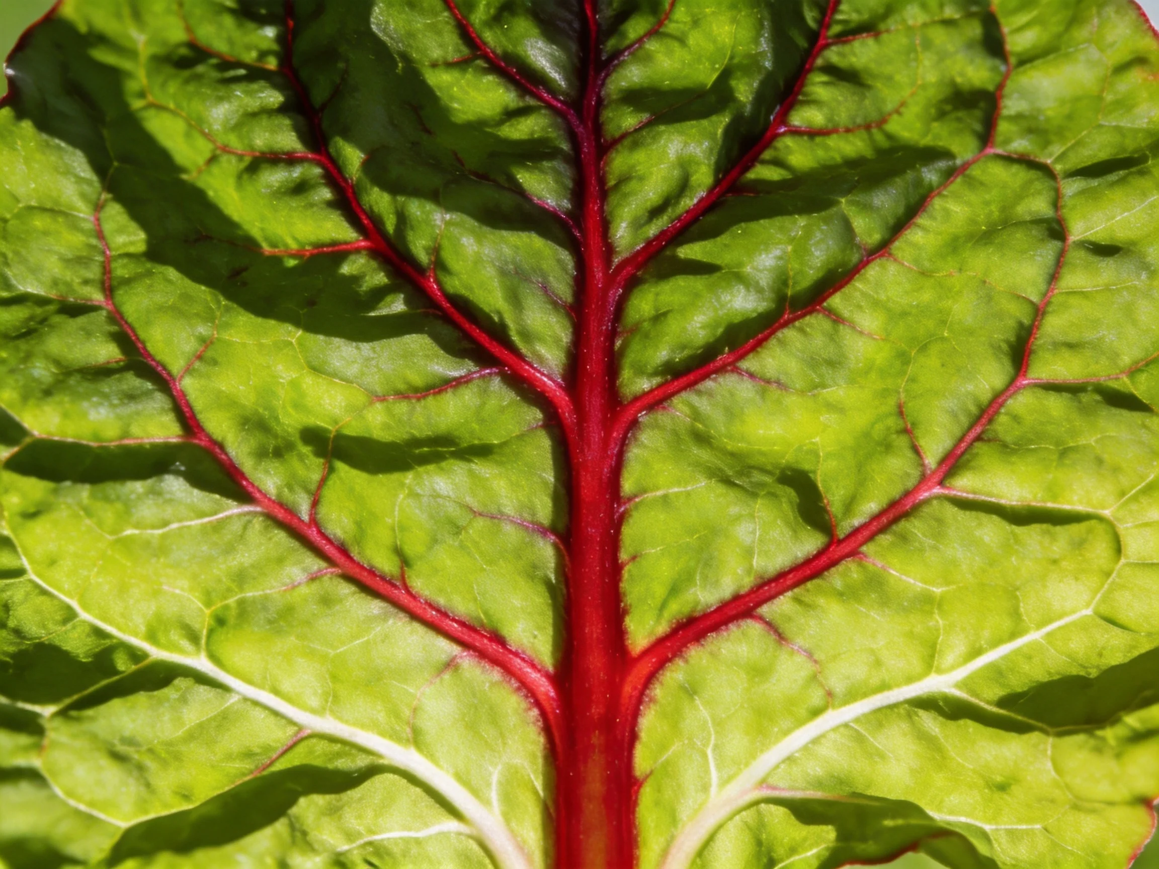 Close-up view of a leaf with bold red veins and vibrant green foliage