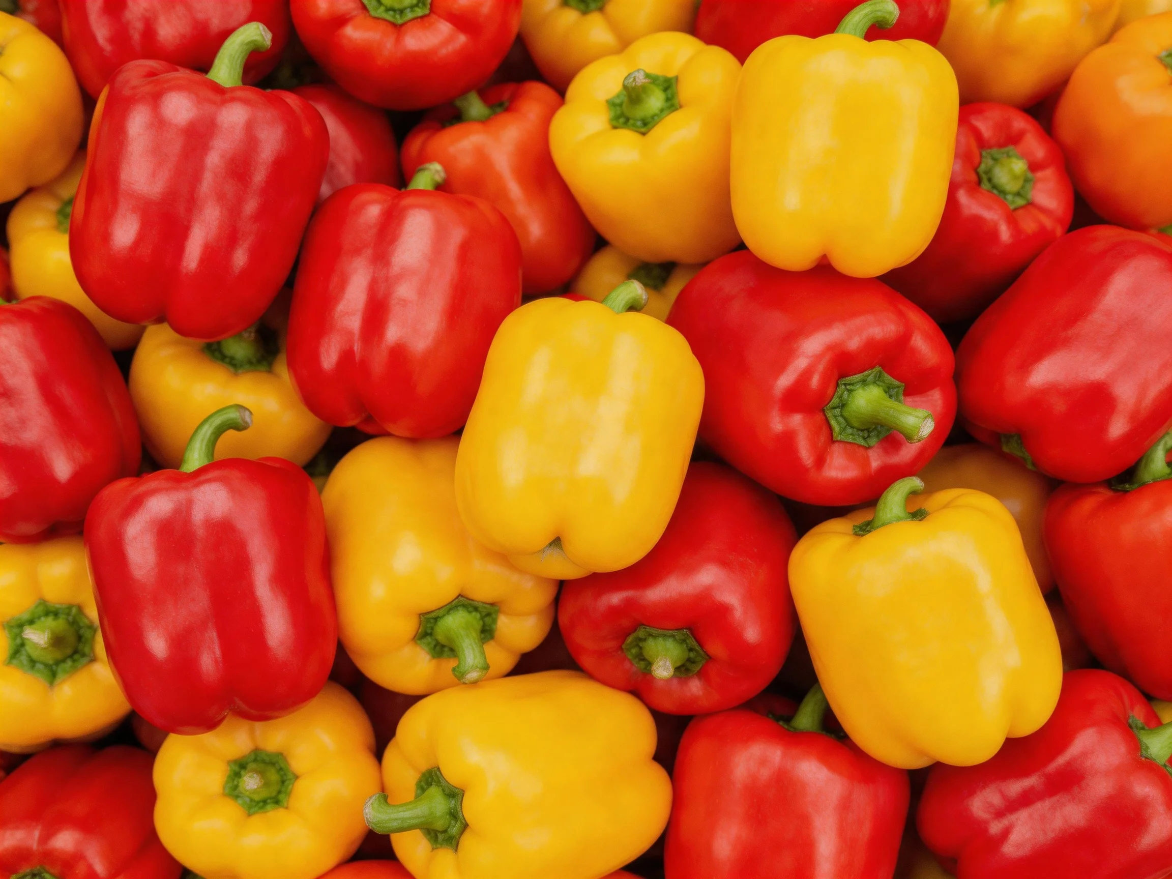 Close-up view of assorted red, yellow, and orange bell peppers