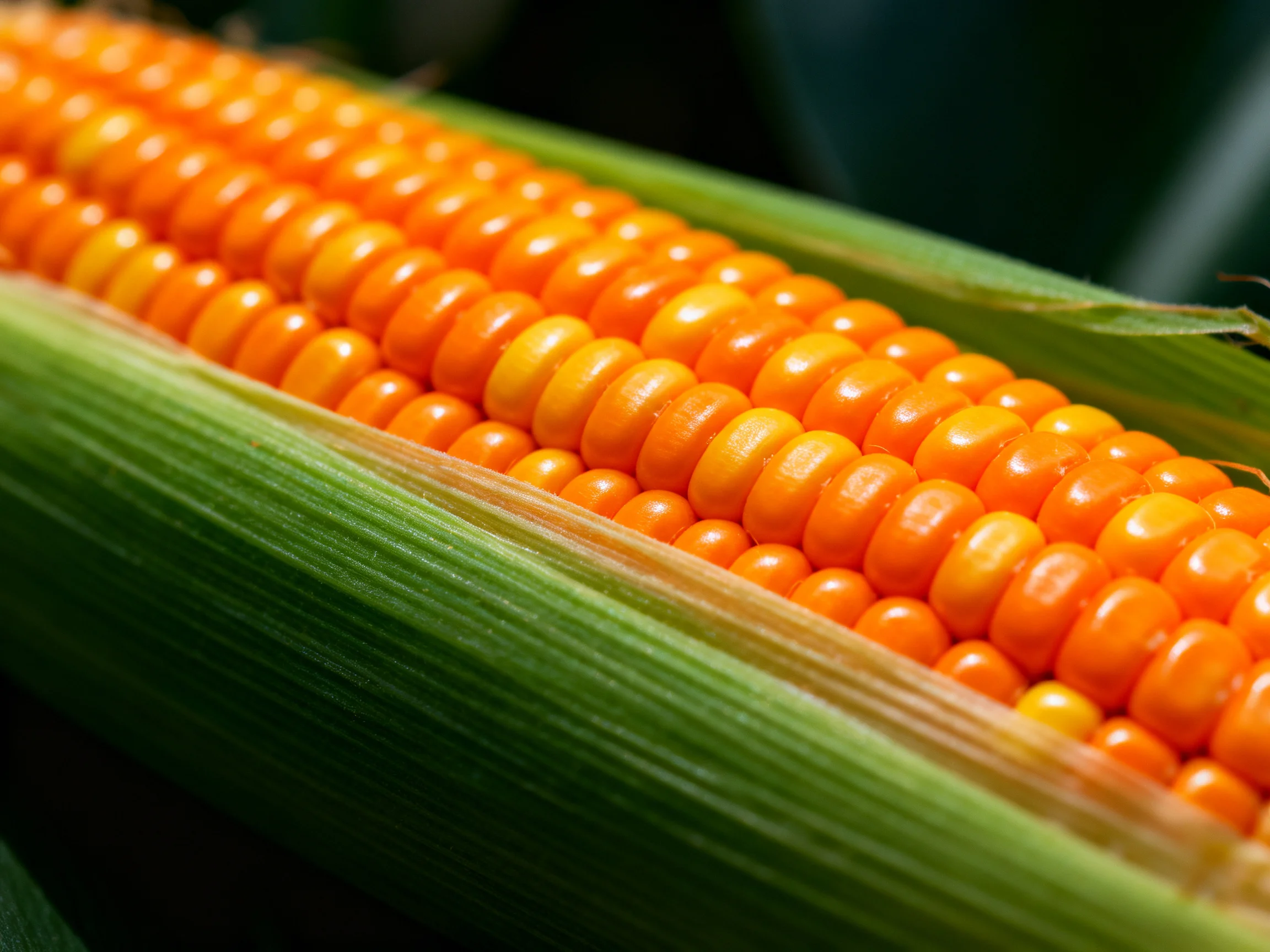 Close-up view of vibrant orange corn kernels on green husked cob