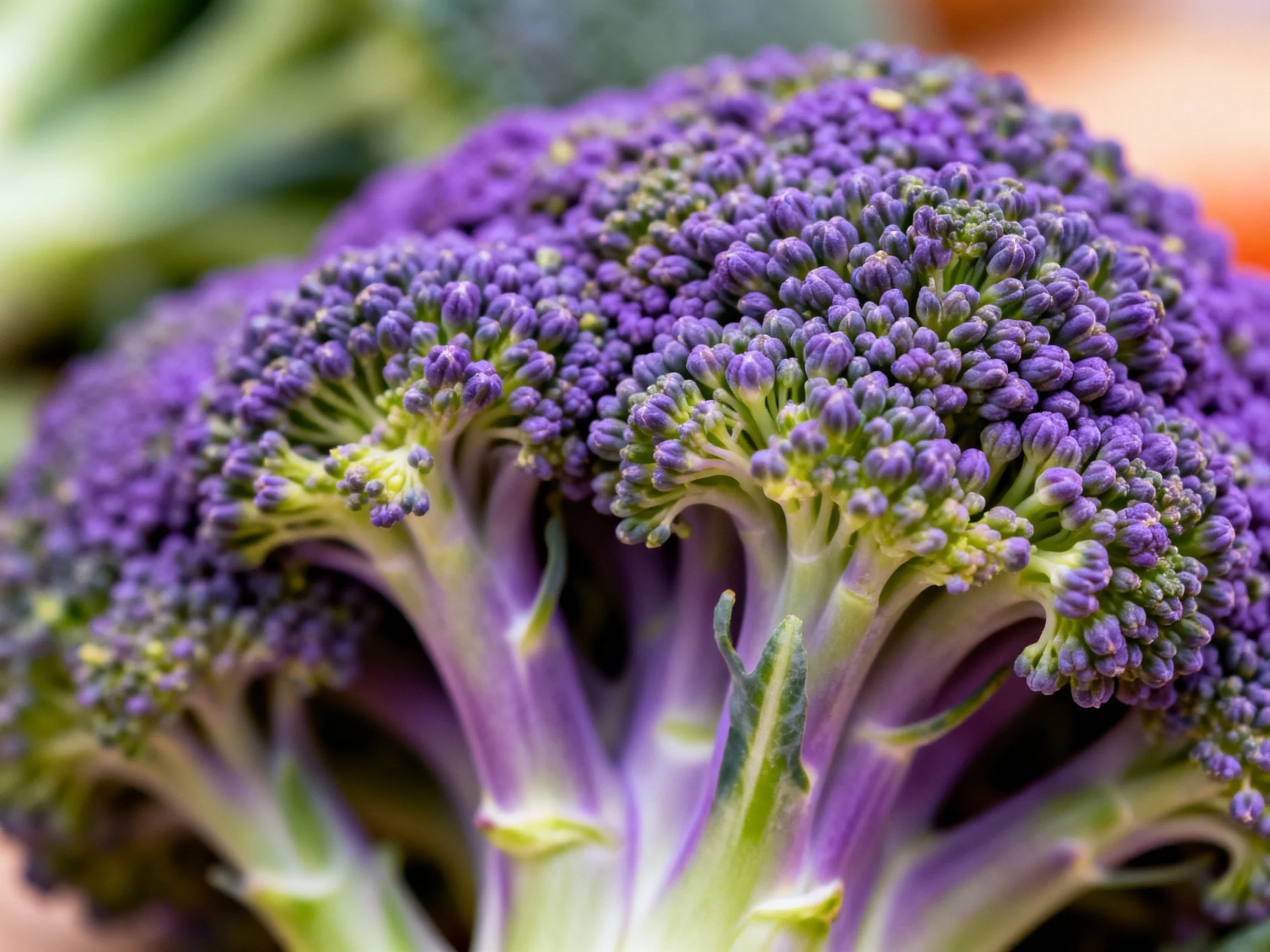 Close-up view of vibrant purple broccoli florets with green stems