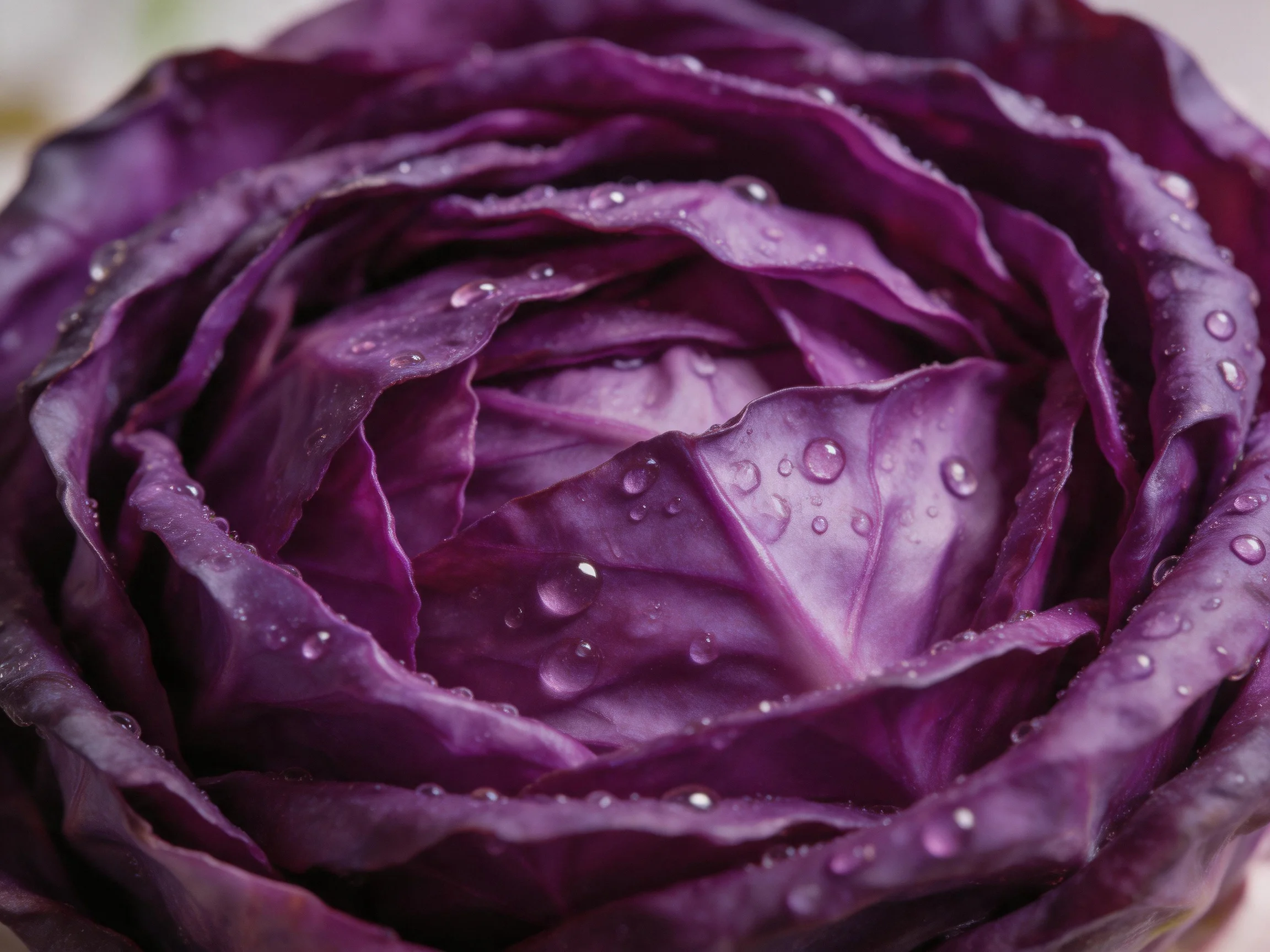 Close - up view of vibrant purple cabbage with glistening water droplets