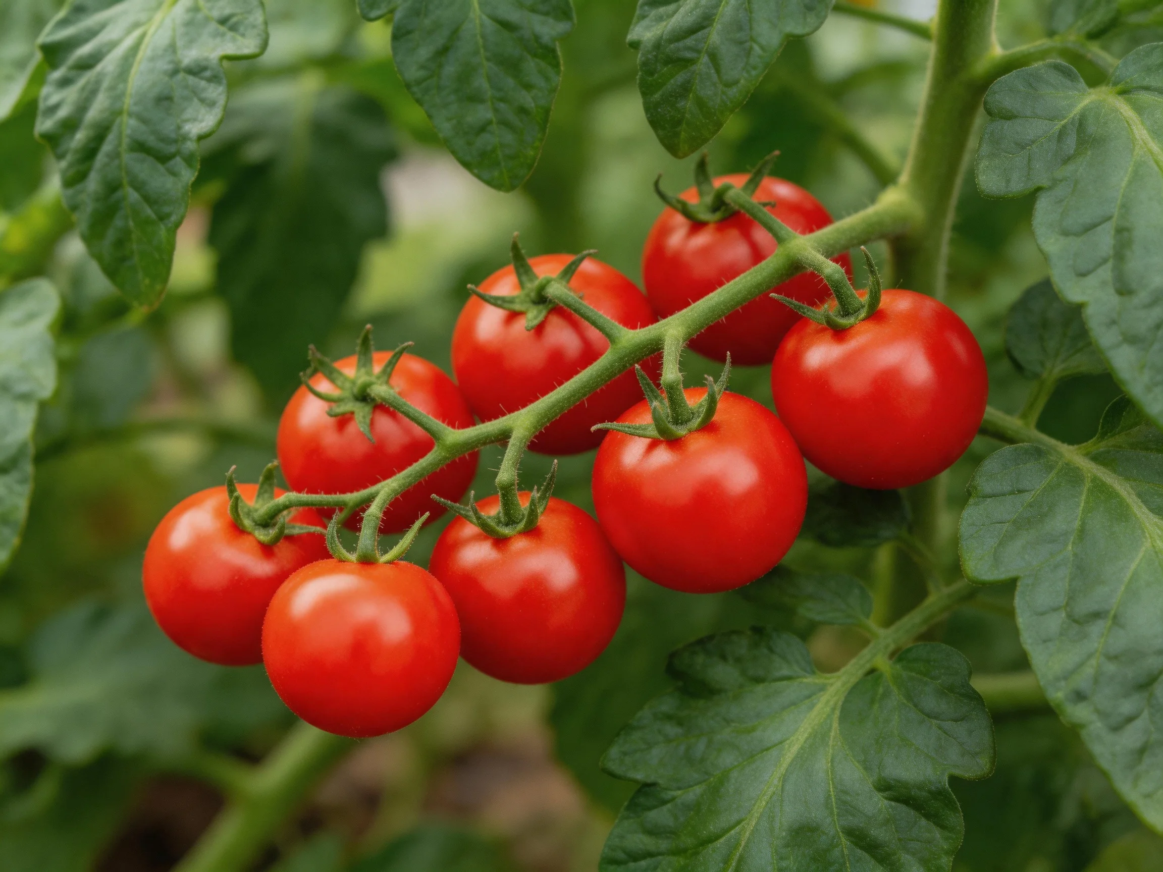 Cluster of bright red cherry tomatoes on a green vine with lush leaves