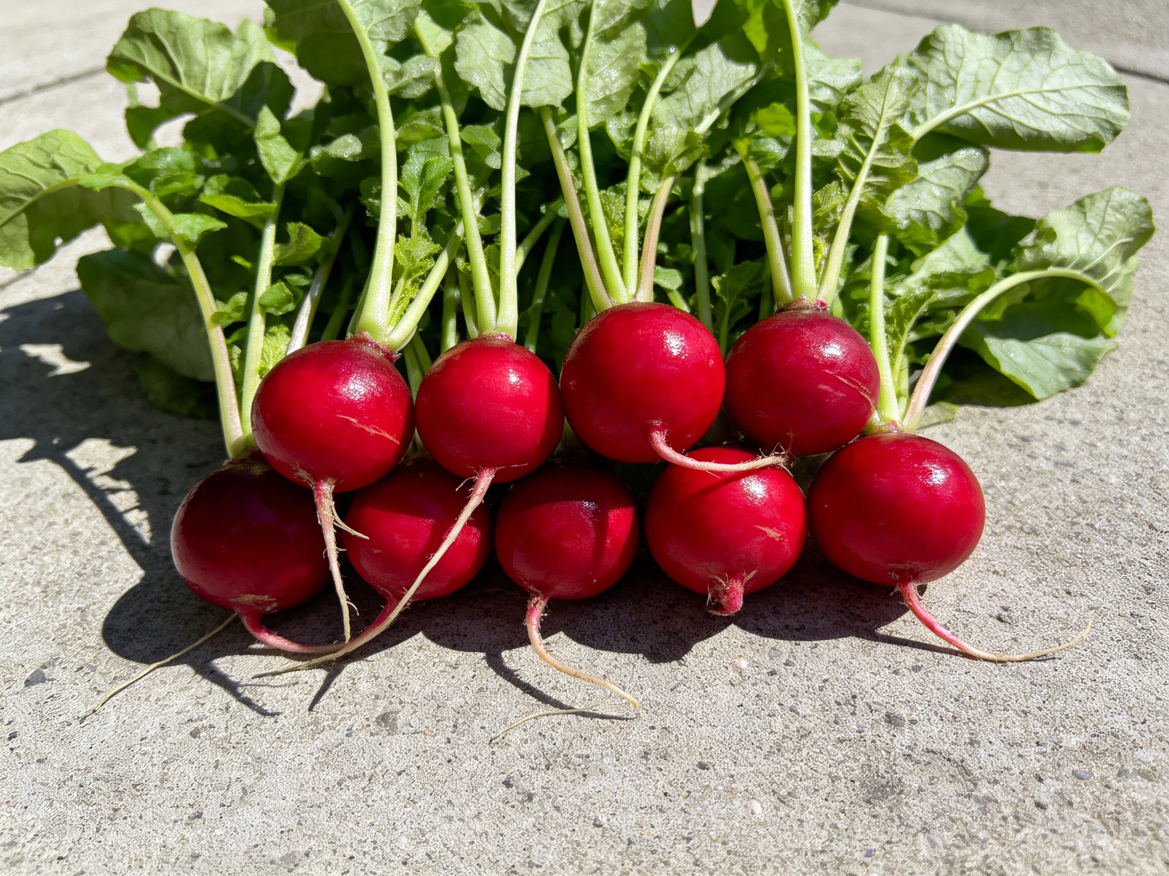 Cluster of bright red radishes with green leaves