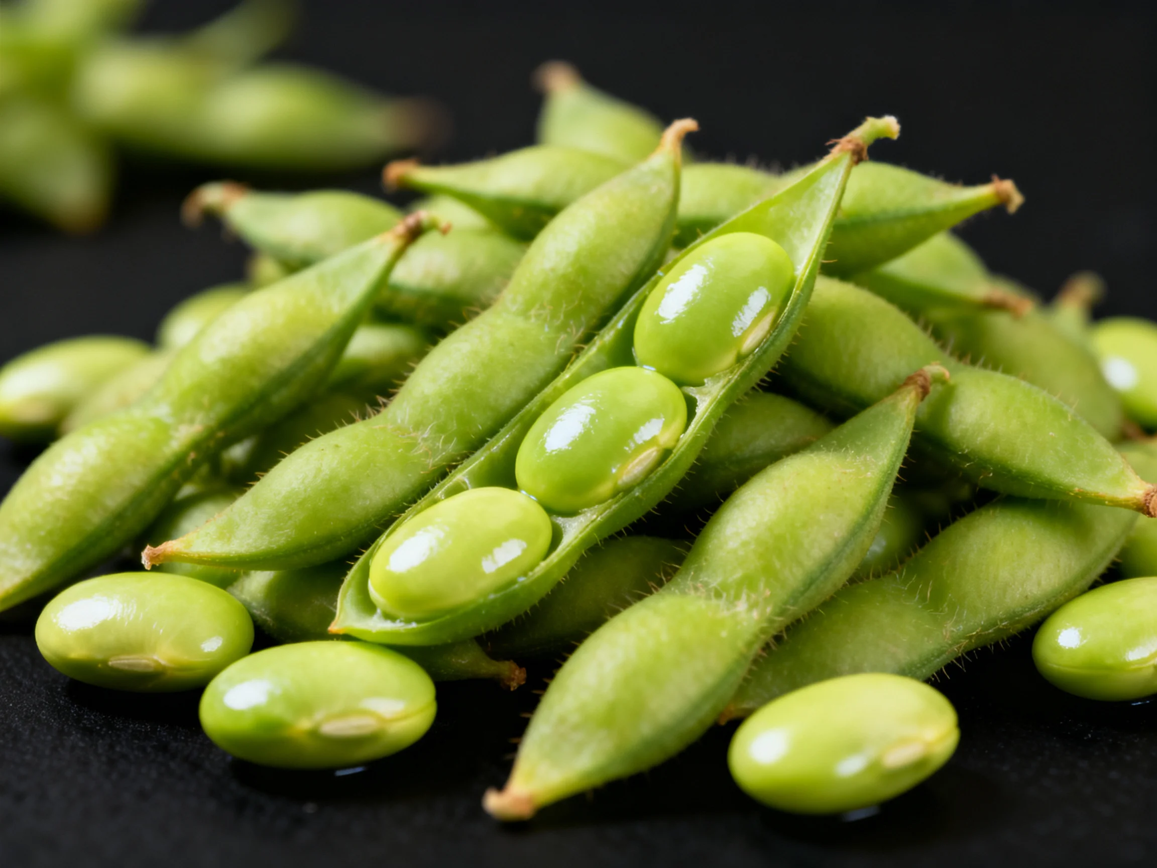 Cluster of fresh green edamame pods with open pods displaying glossy beans