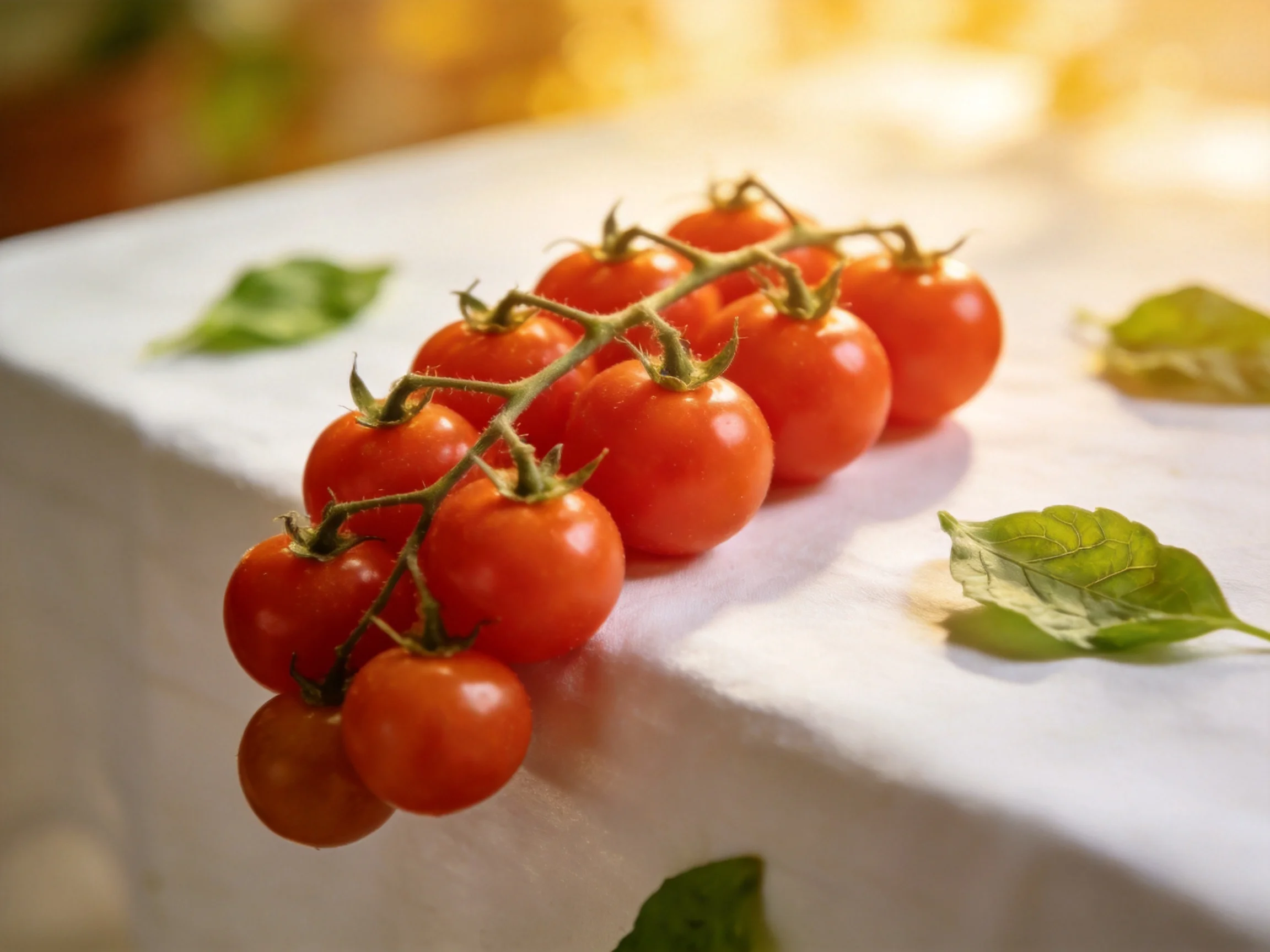 Cluster of red cherry tomatoes on a vine on a white cloth with green leaves