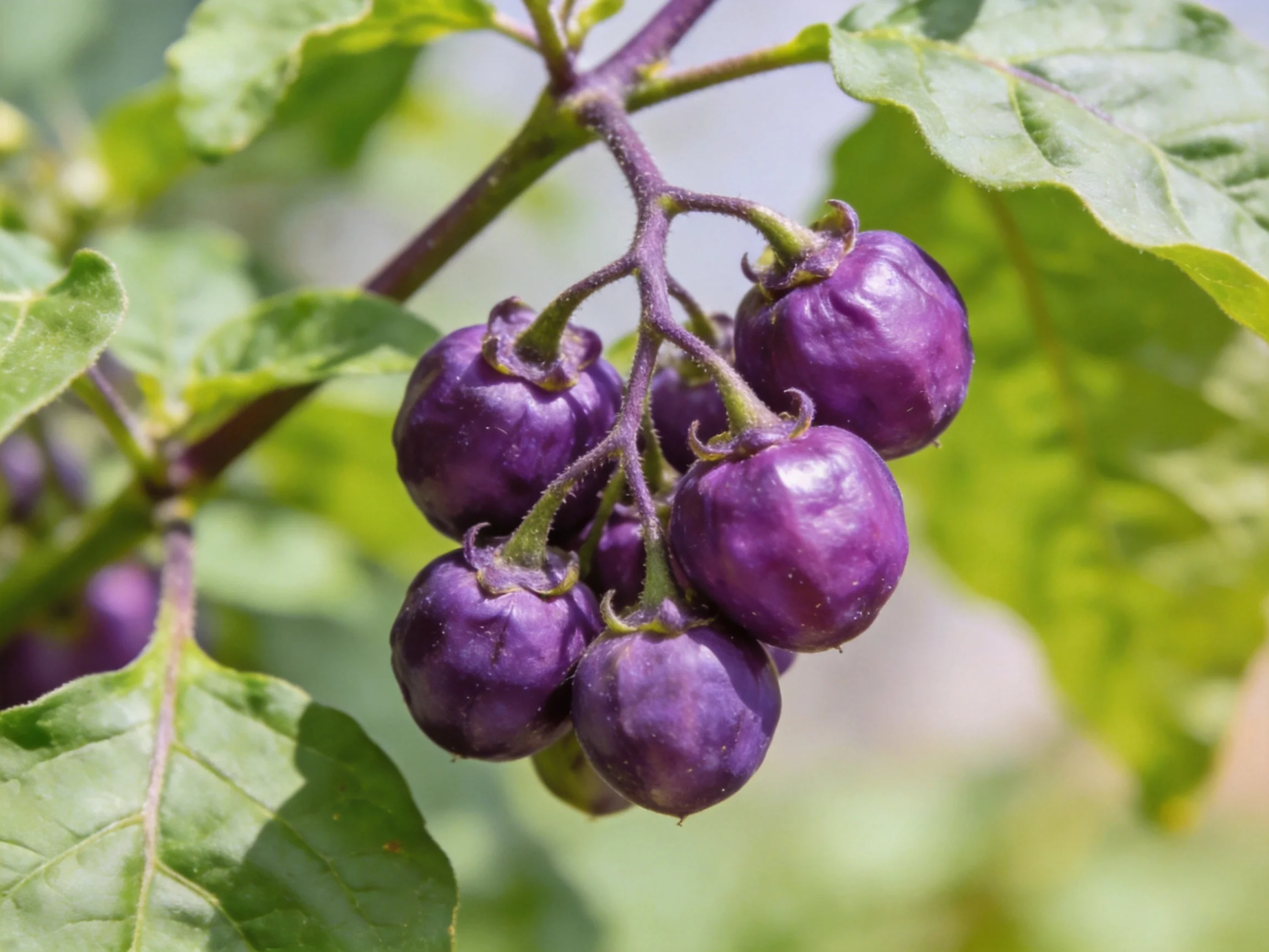 Cluster of six deep purple berries on a vine with broad green leaves