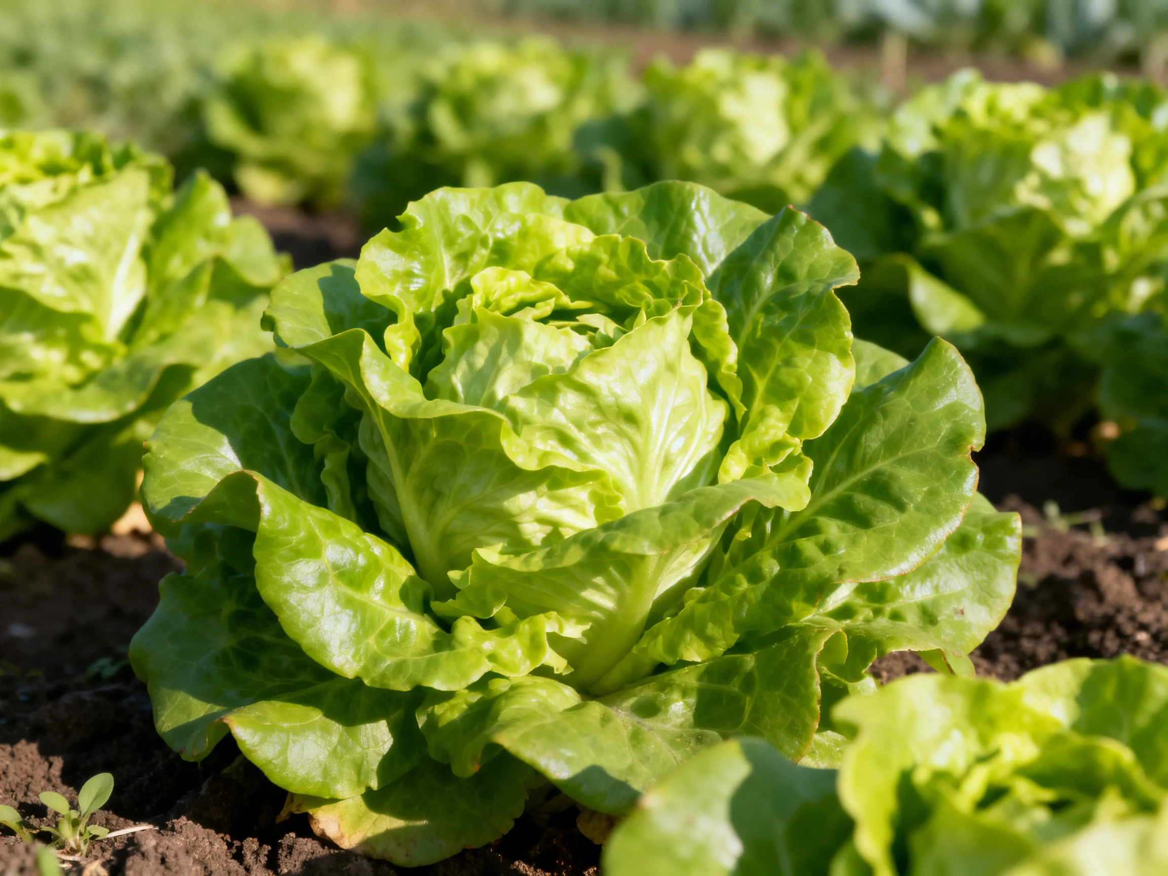 Cluster of vibrant green lettuce heads grows in a sunlit farm field