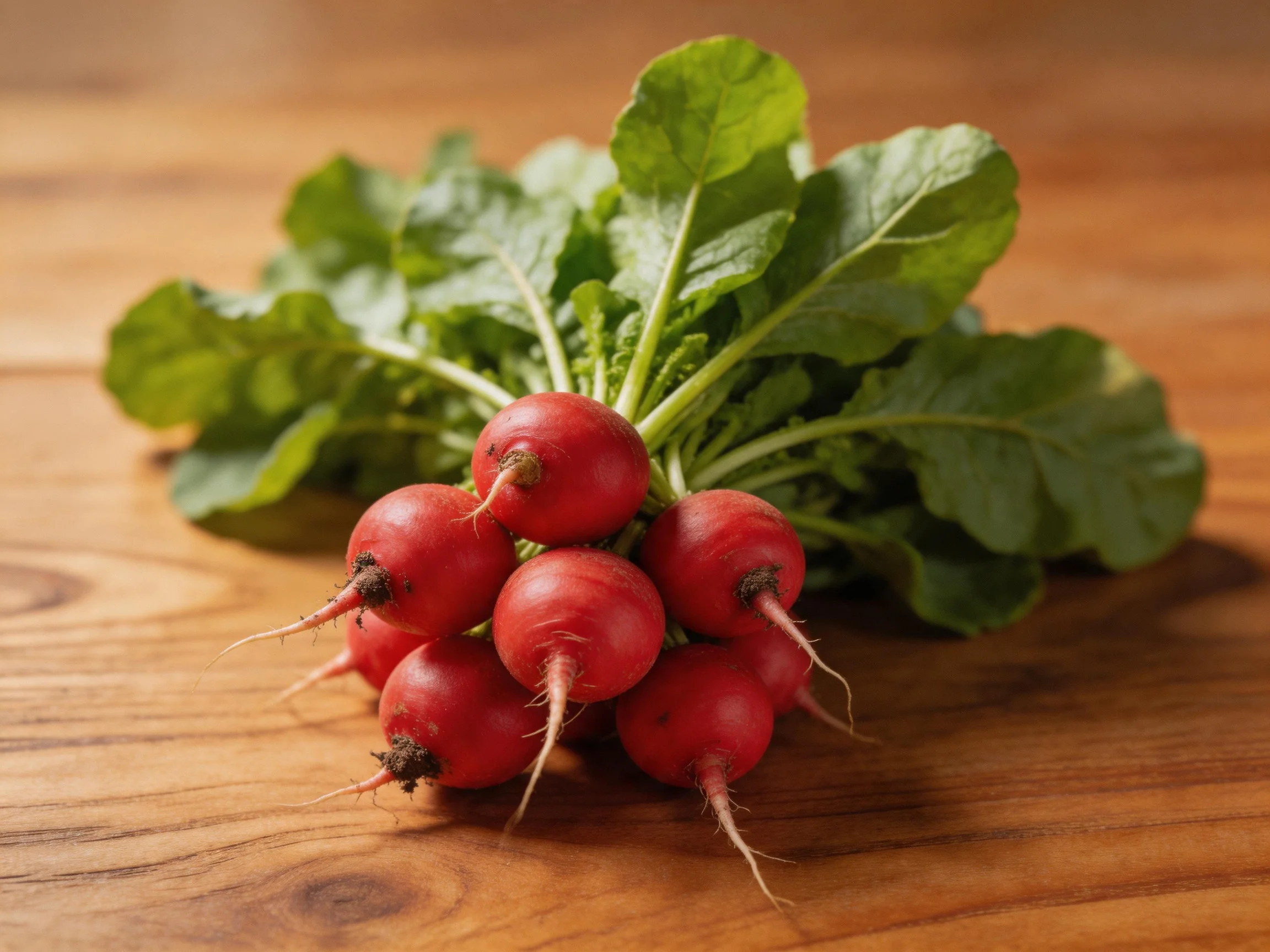 Cluster of vibrant red radishes with fresh green leaves on polished wood