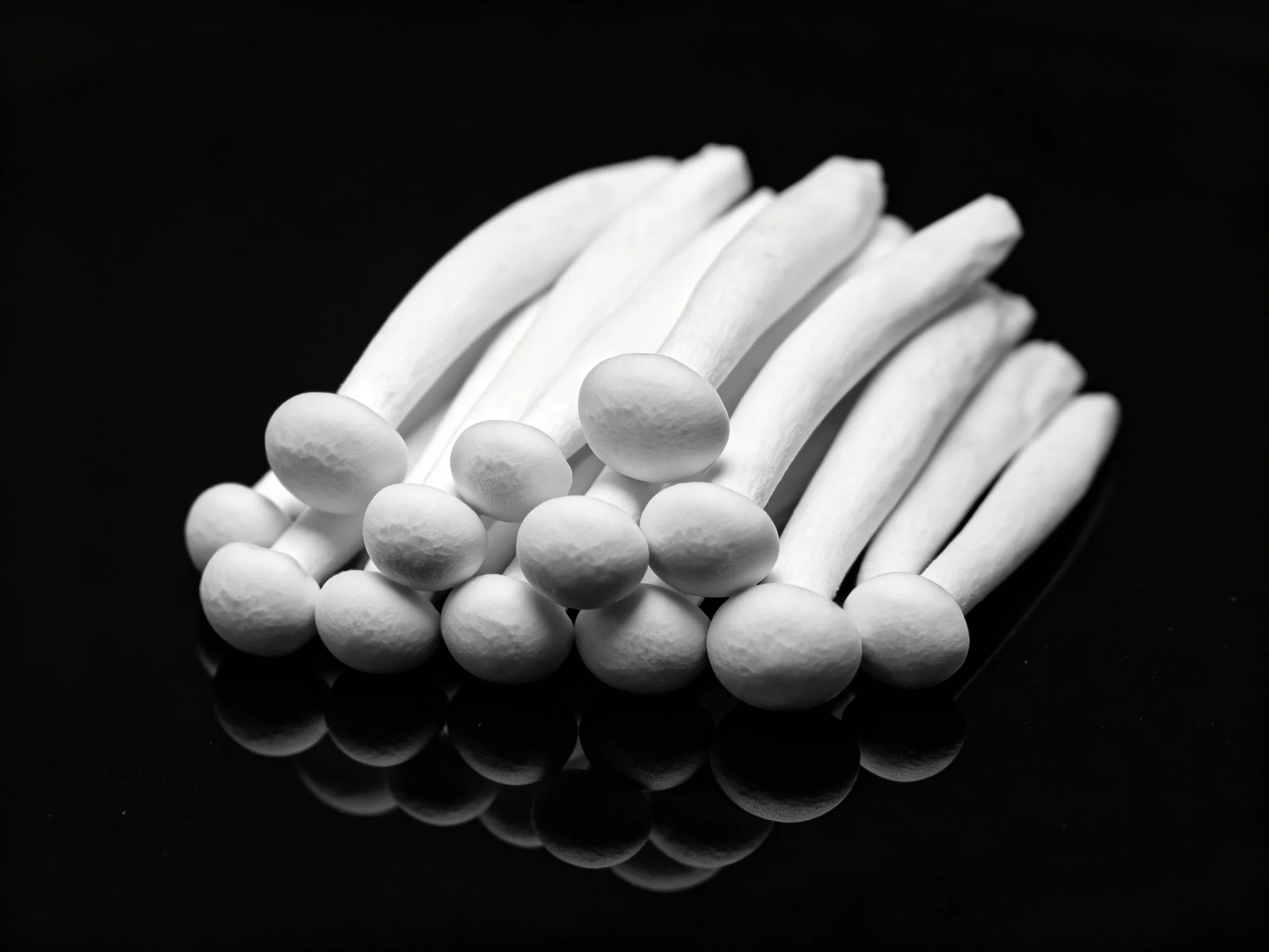 Cluster of white-capped mushrooms with slender stems on glossy black surface