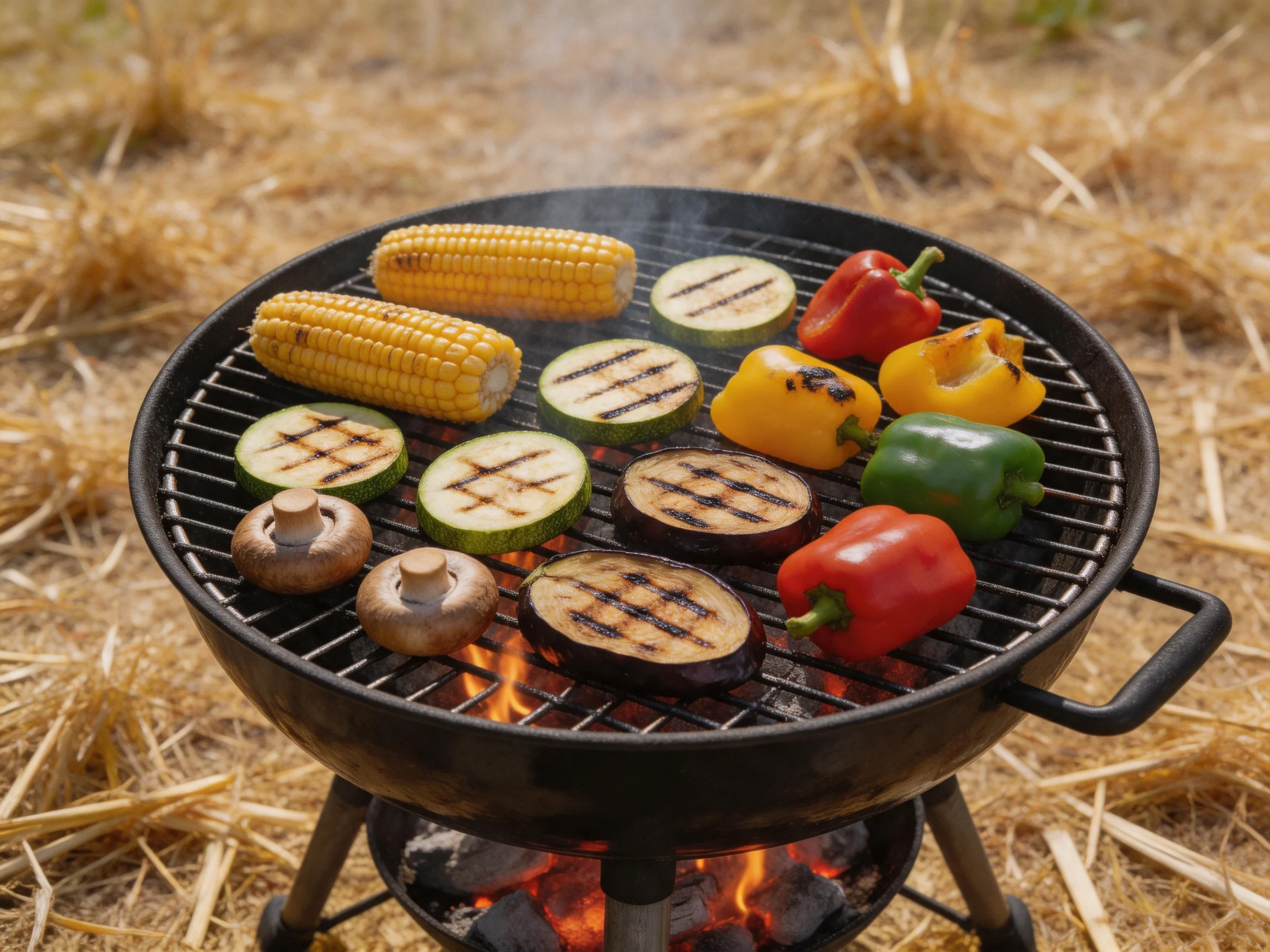 Colorful Mixed Vegetables Grilling on a Round Charcoal Grill Outdoors